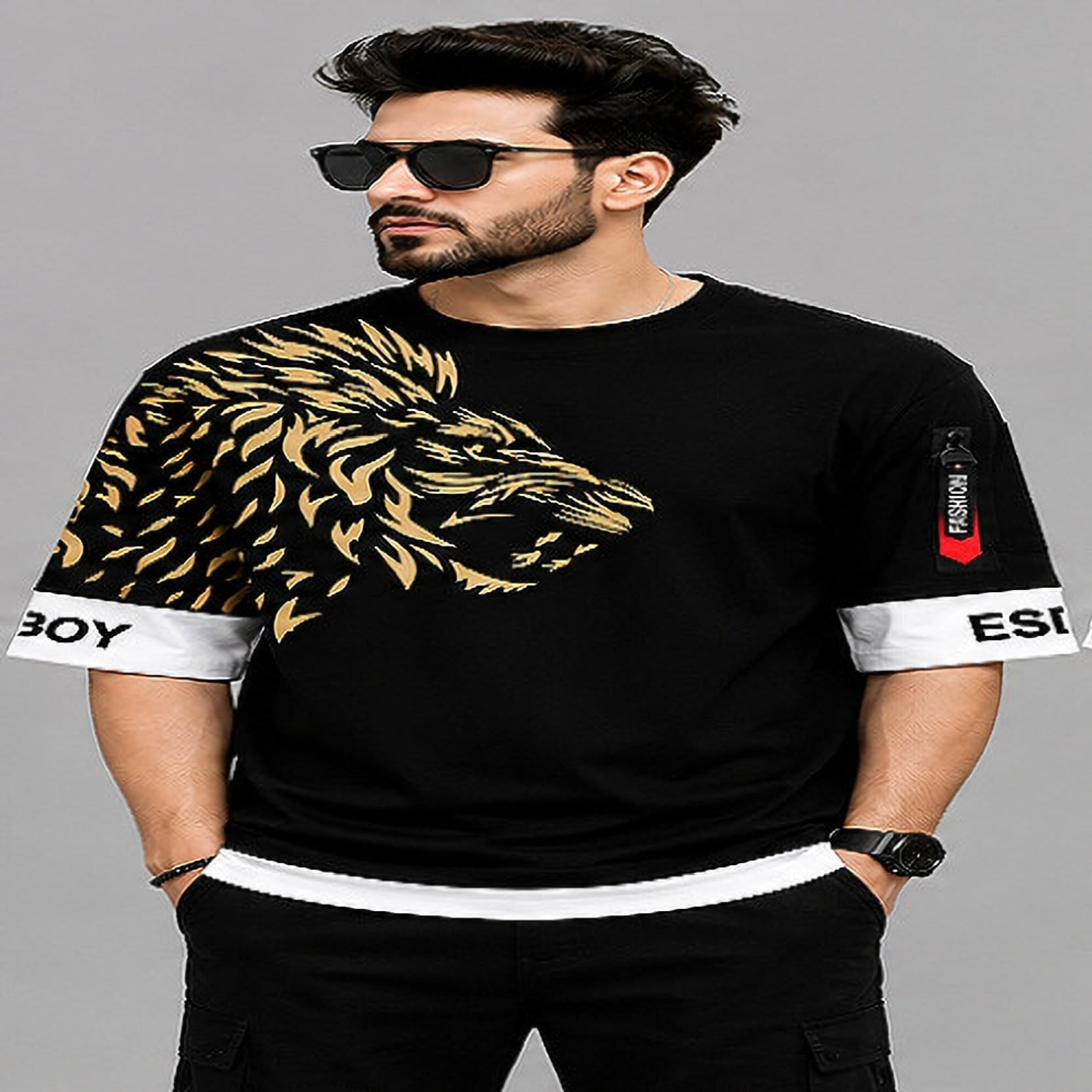 Men Graphic Print Round Neck Cotton Blend Black T-Shirt