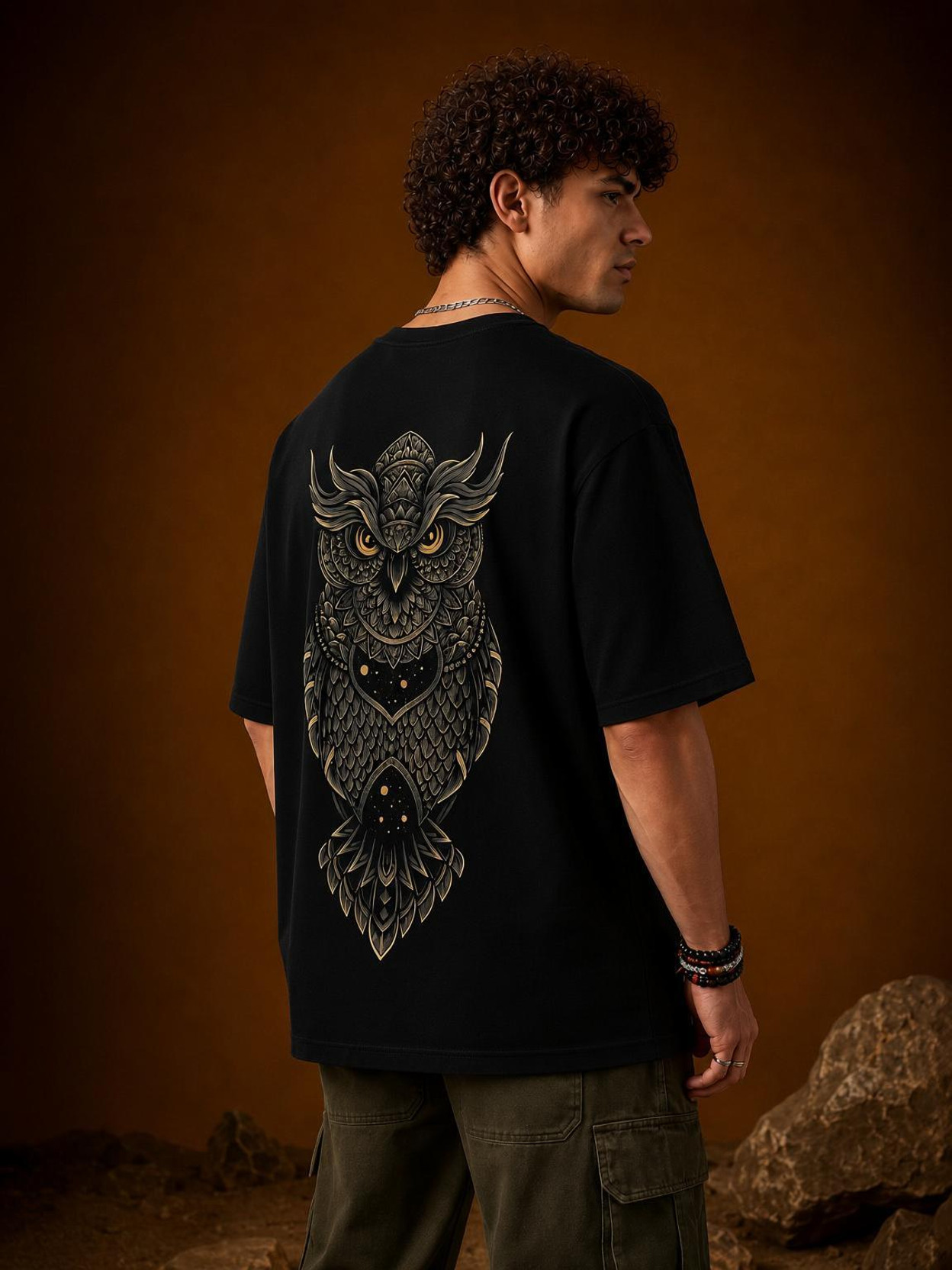 Men Graphic Print Crew Neck Pure Cotton Black T-Shirt