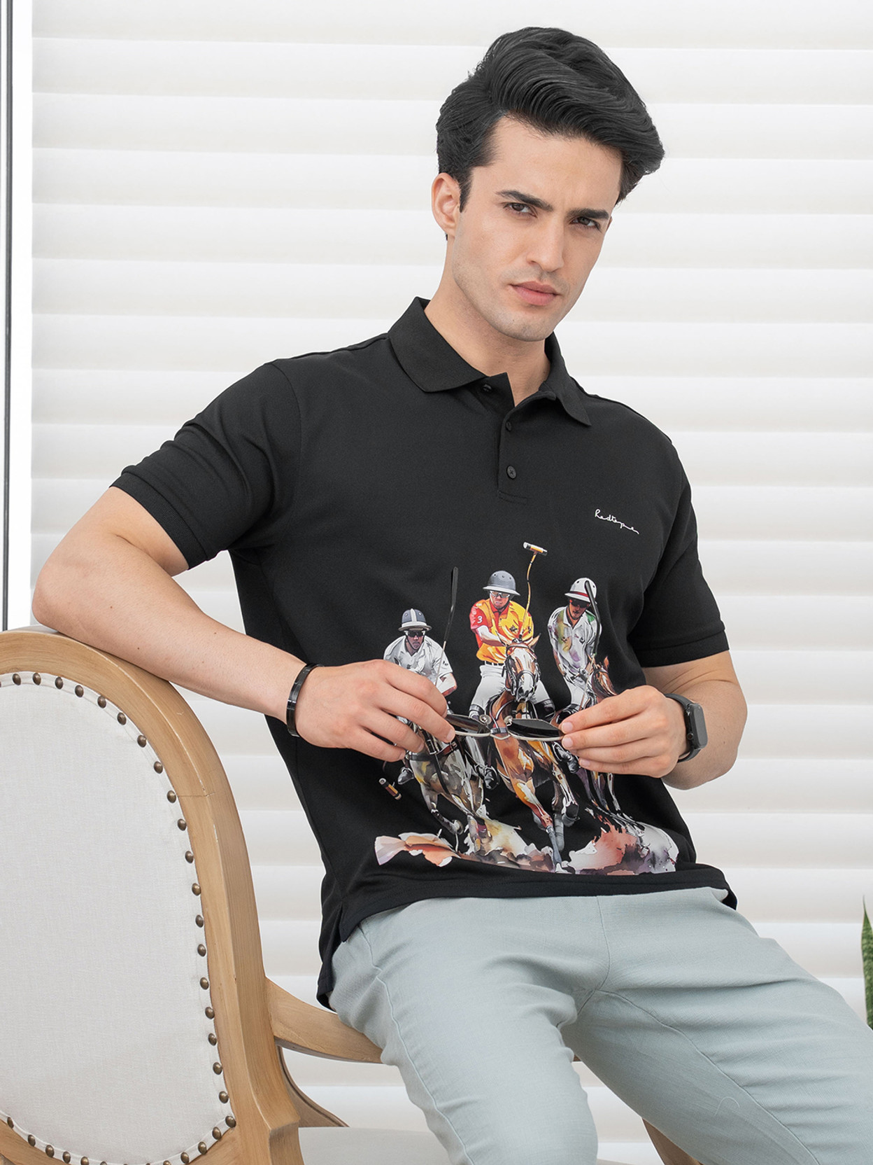 Men Printed Polo Neck Polyester Black T-Shirt