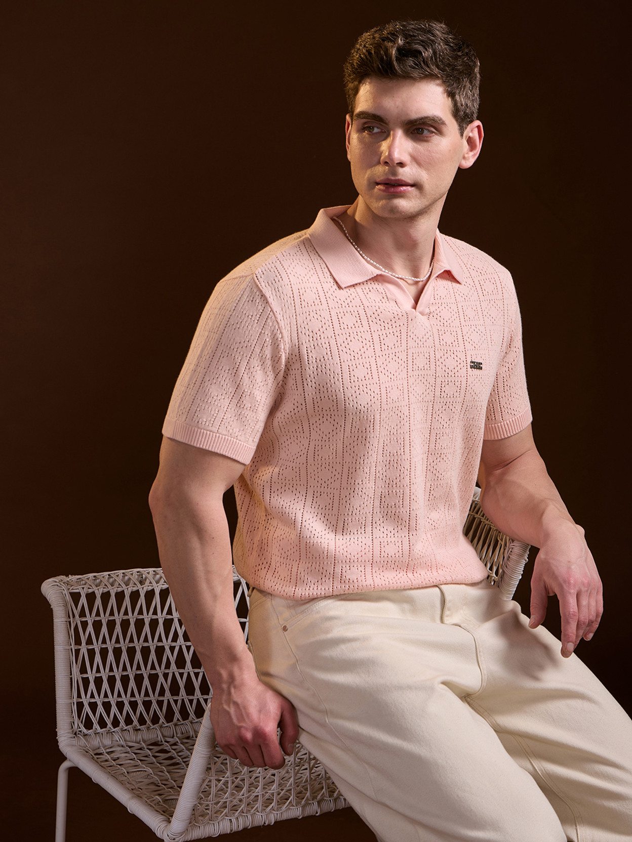 Men Self Design Polo Neck Pure Cotton Pink T-Shirt
