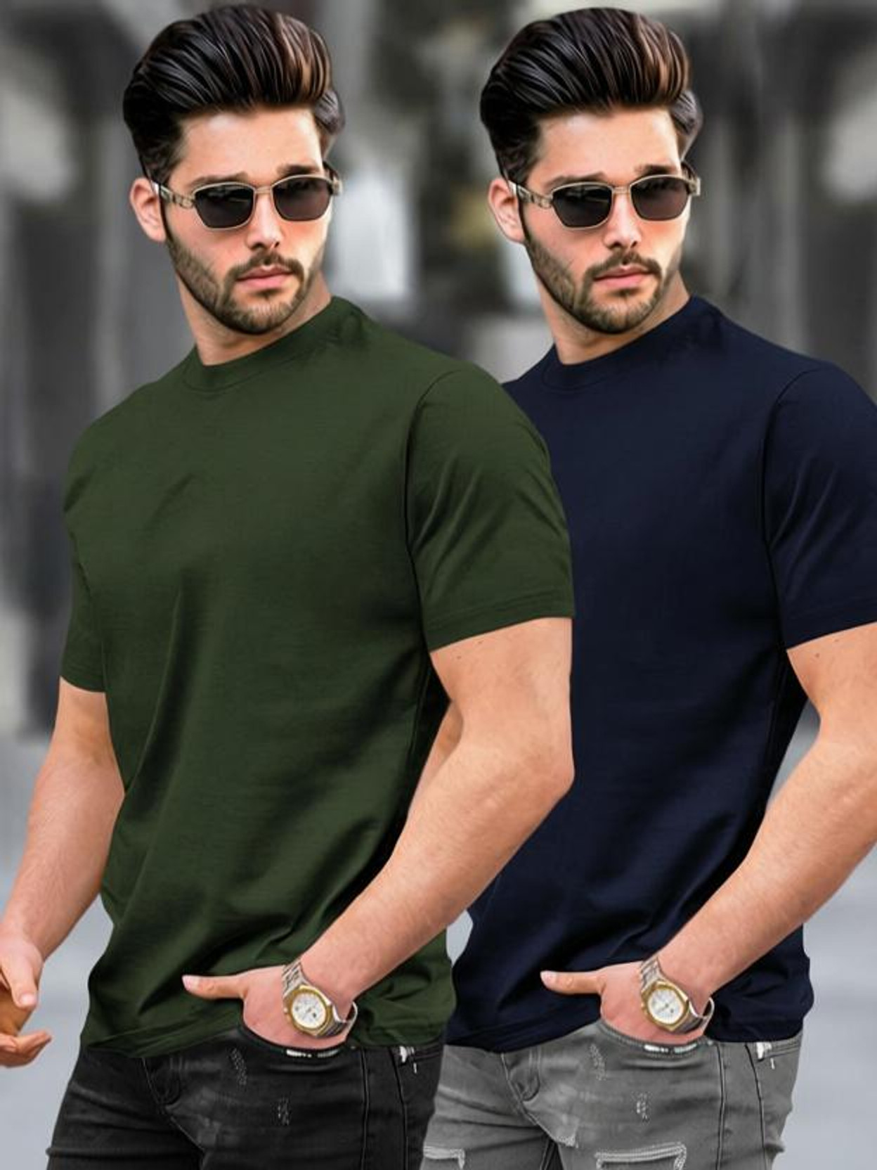 Pack of 2 Men Solid Round Neck Cotton Blend Multicolor T-Shirt