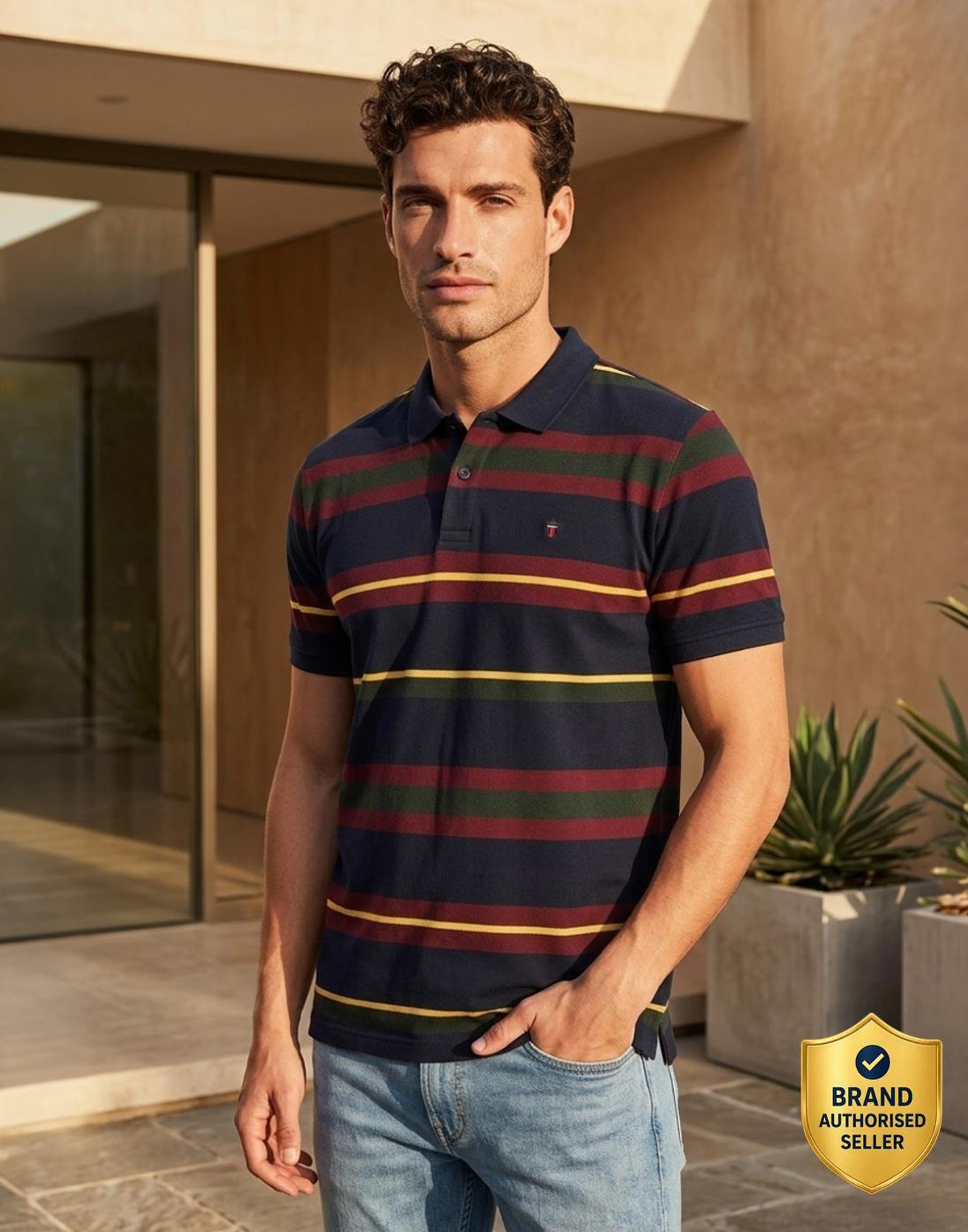 Slim Fit Casual Men Striped Polo Neck Pure Cotton Multicolor T-Shirt