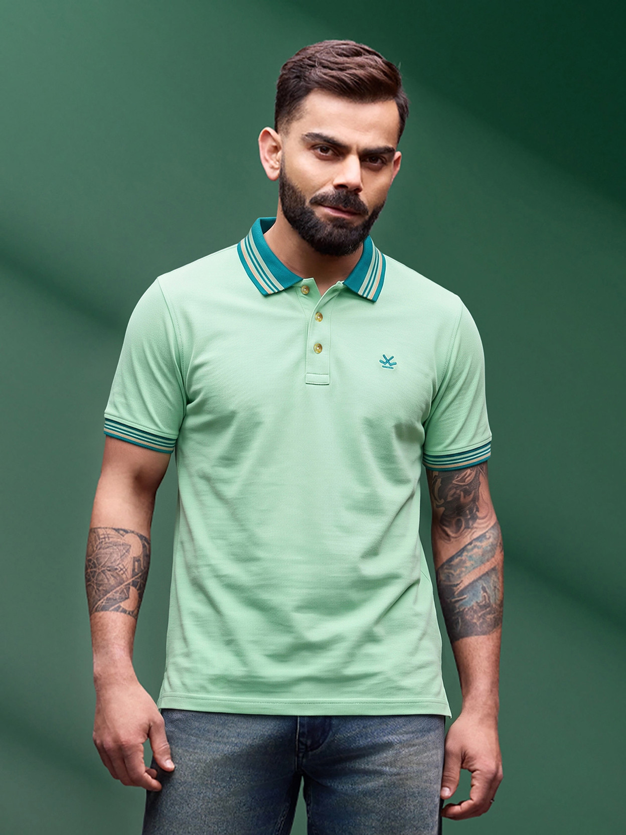 Men Solid Polo Neck Pure Cotton Light Green T-Shirt
