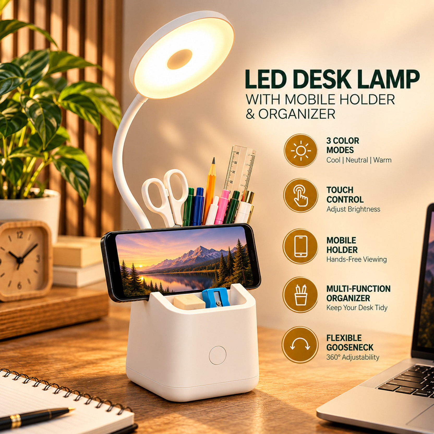 OmVeda 3 Color Mode Rechargeable Study Lamp for Home, Adjustable Brightness Study Lamp Night Lamp