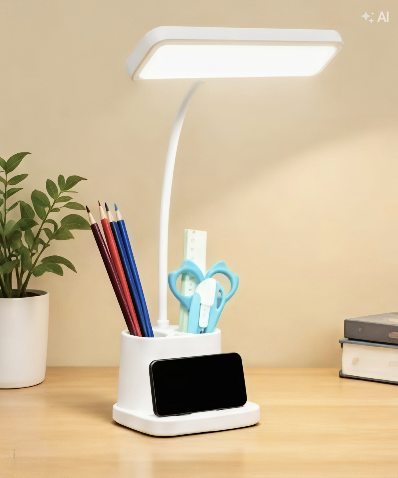 AKARI Multifunctional 3 Level Brightness Rechargeable with Pen & Mobile Holder Desk Study Lamp