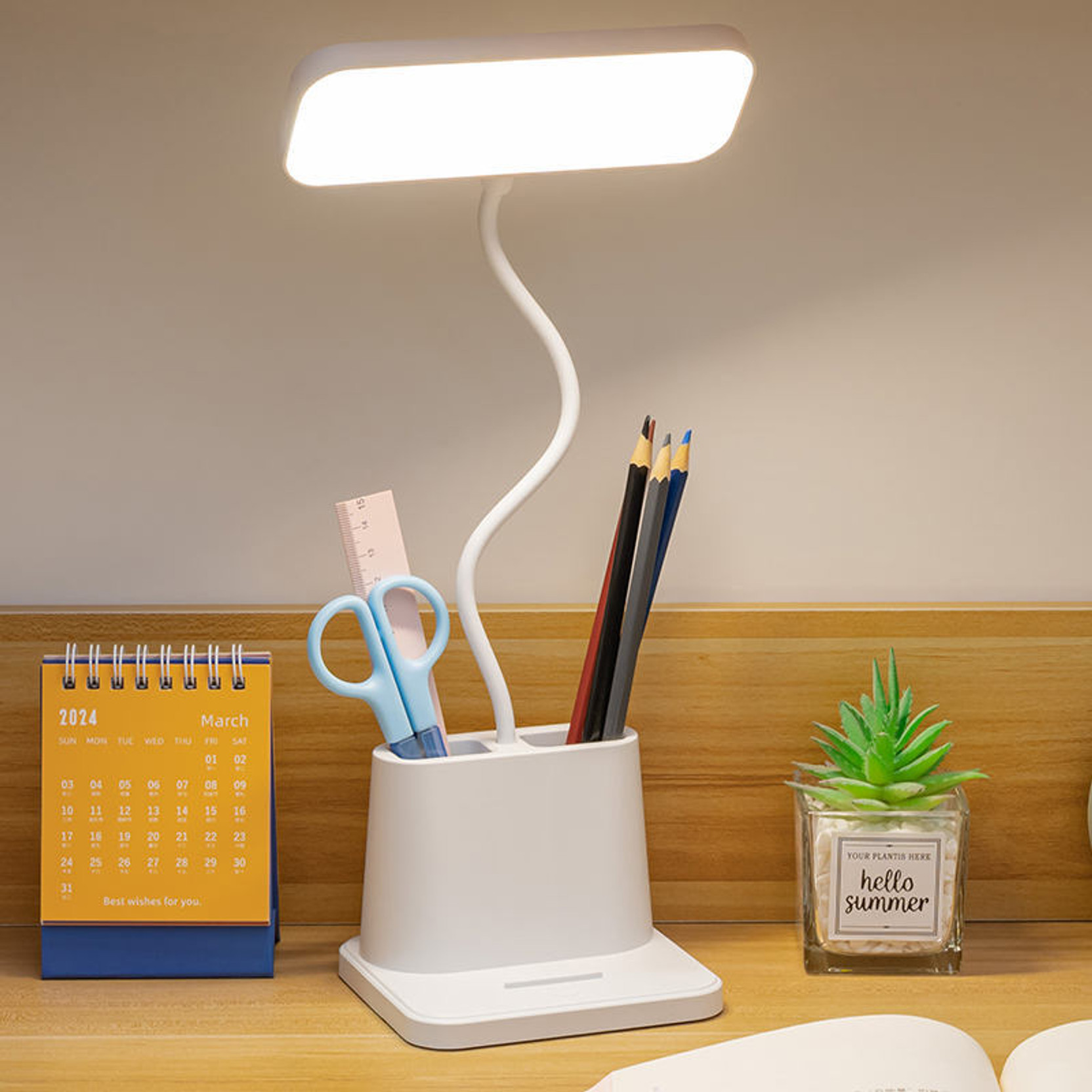 Zroof Rechargeable LED Desk Lamp, Pen Holder, 3 Color Modes, Dimming & Flexible Neck Study Lamp