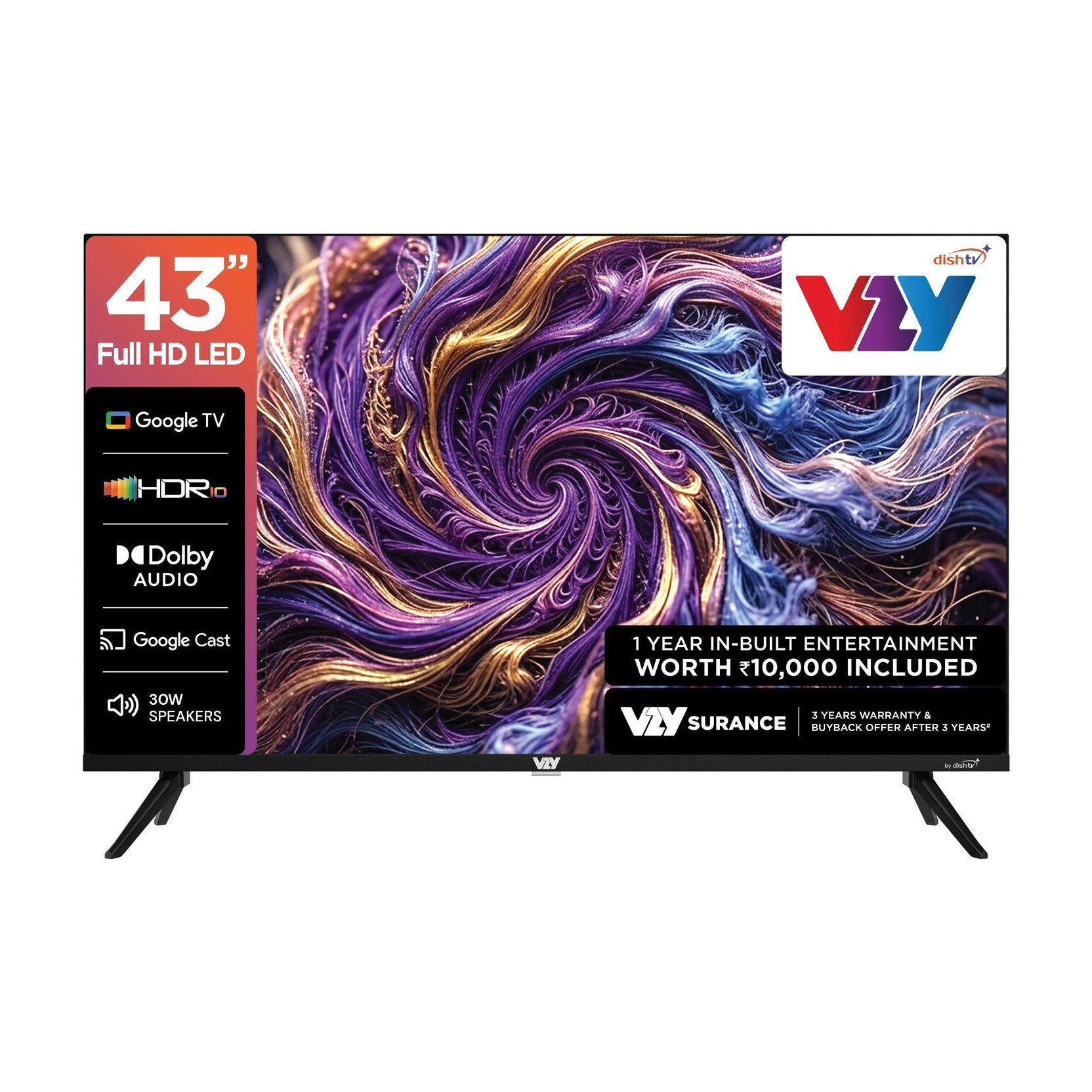VZY by DishTV with DTH & OTT Subscription 109 cm (43 inch) Full HD LED Smart Google TV 2026 Edition wi...