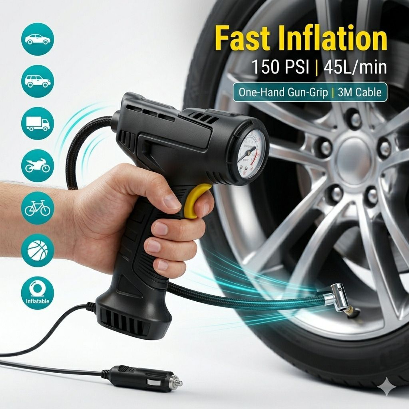 inveXo 150PSI Car Tyre Air Inflator Pump DC 150 psi Tyre Air Pump for Car & Bike