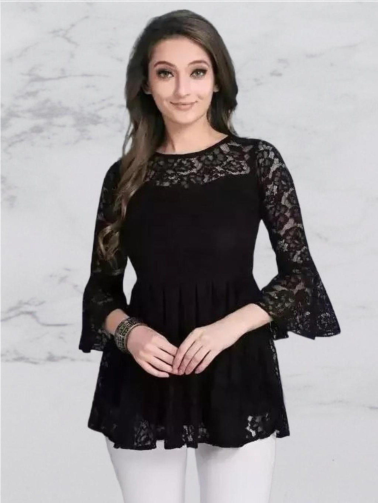 Casual Bell Sleeves Self Design Women Black Top