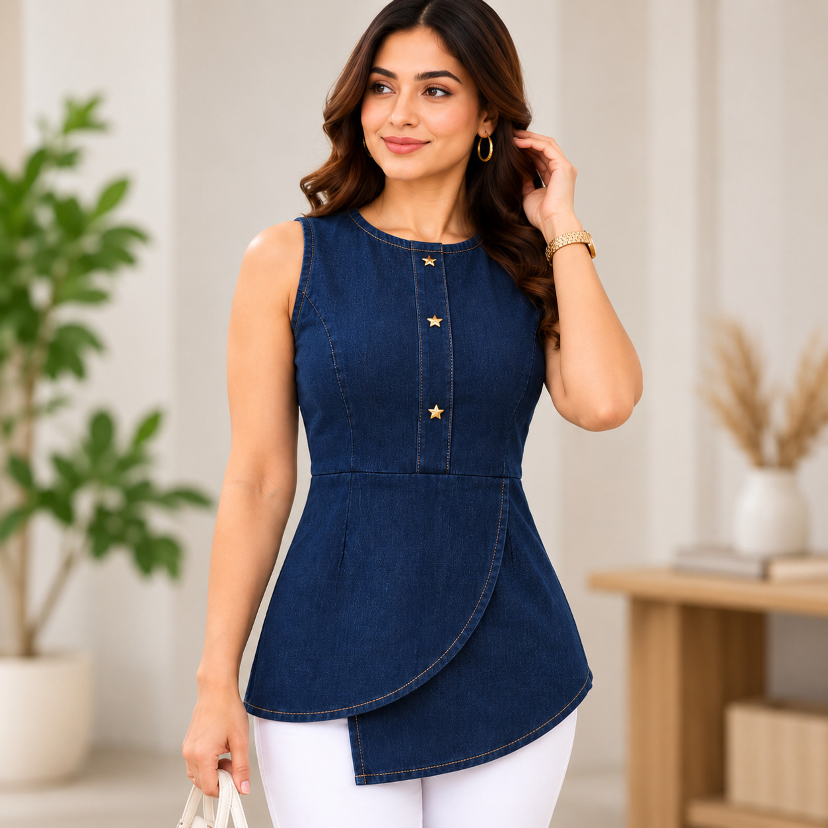 Casual Sleeveless Solid Women Blue Top
