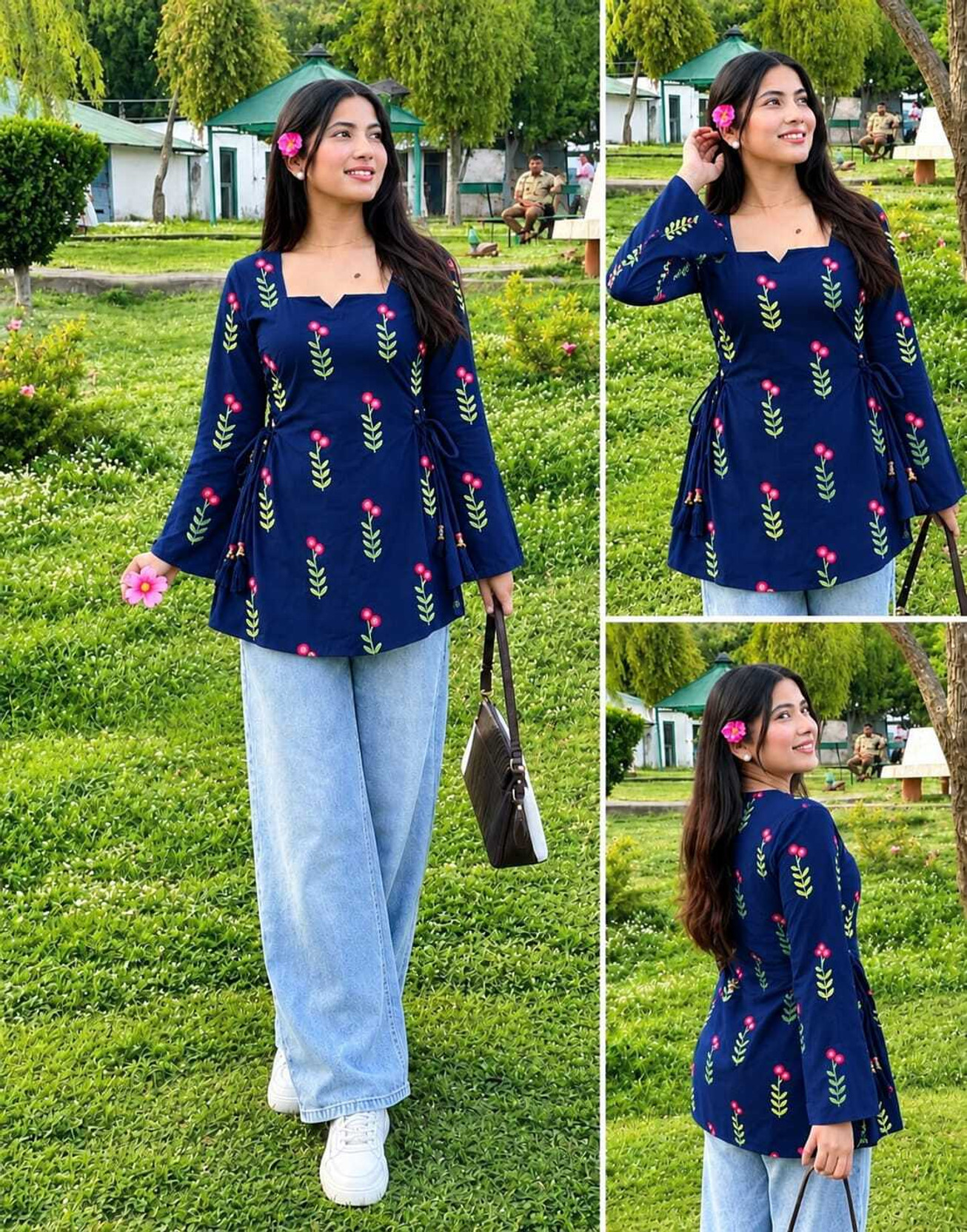 Casual Regular Sleeves Printed, Floral Print Women Dark Blue, Pink Top