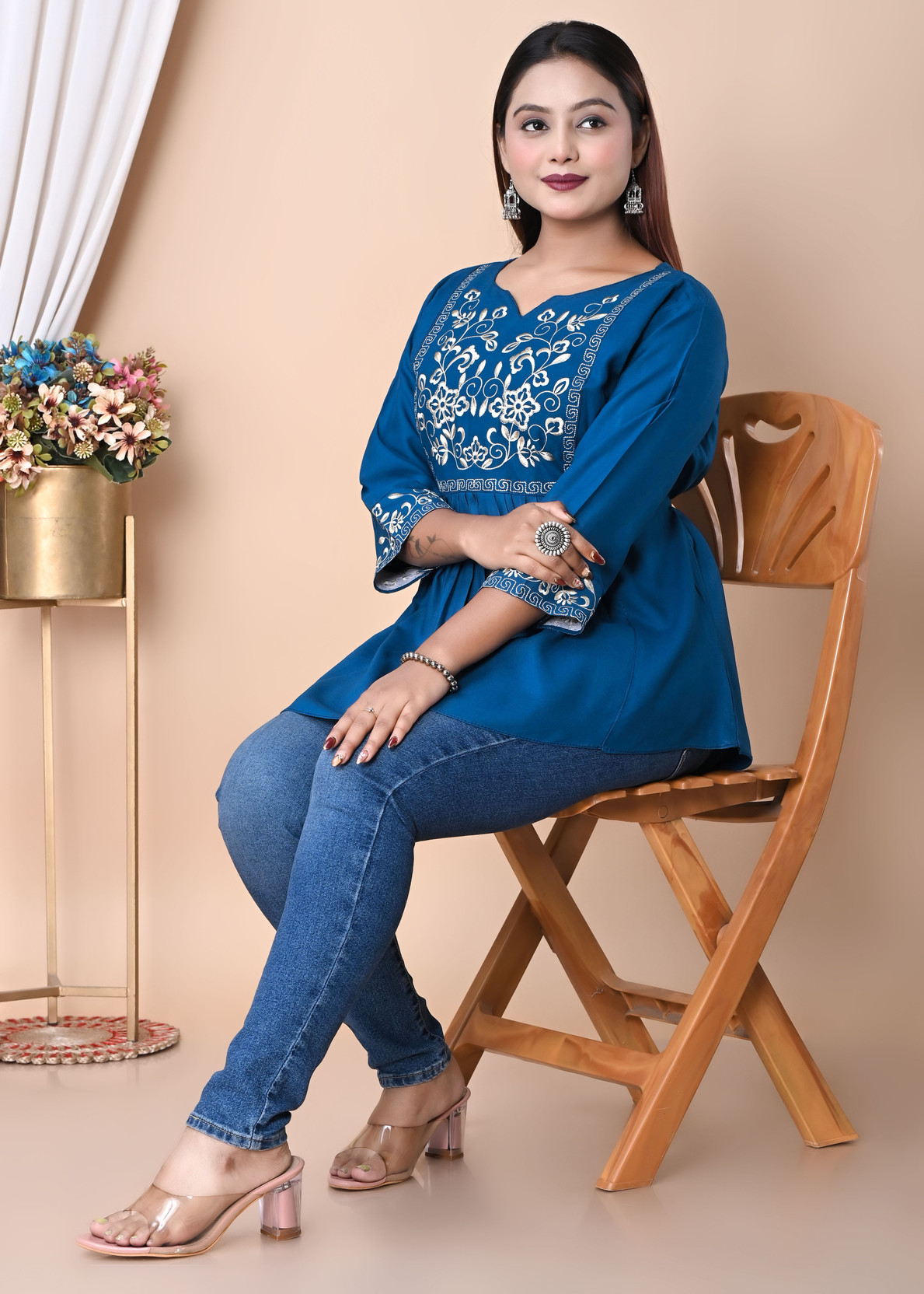 Party Bell Sleeves Embroidered Women Blue Top
