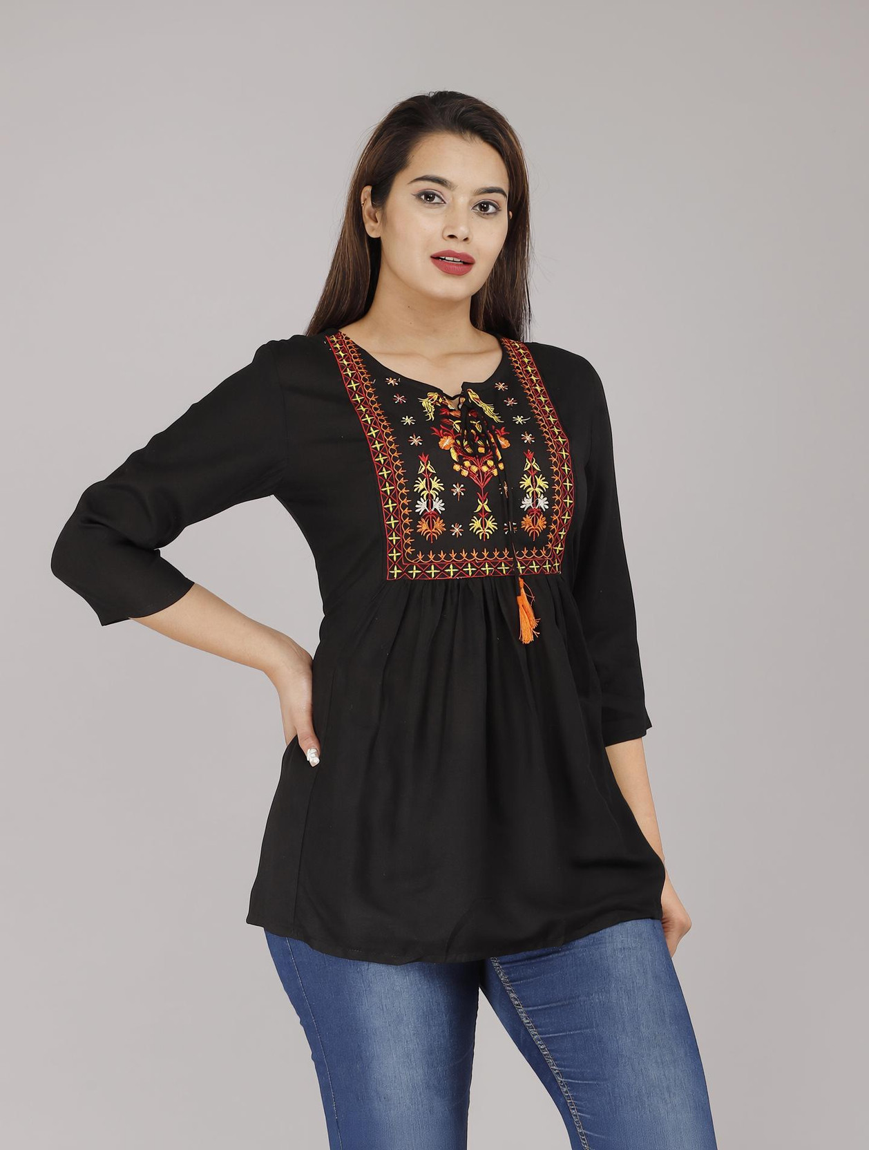 Casual Regular Sleeves Embroidered Women Black Top