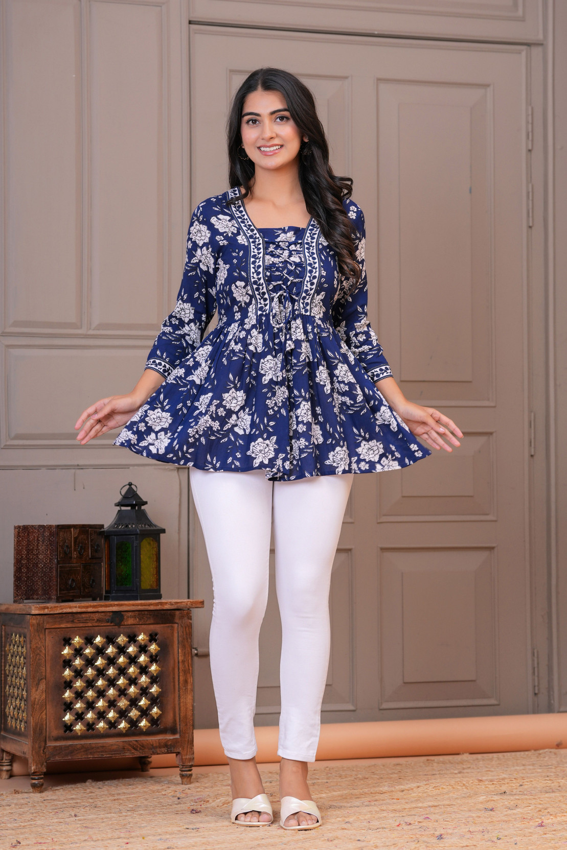 Casual Regular Sleeves Floral Print Women Dark Blue Top