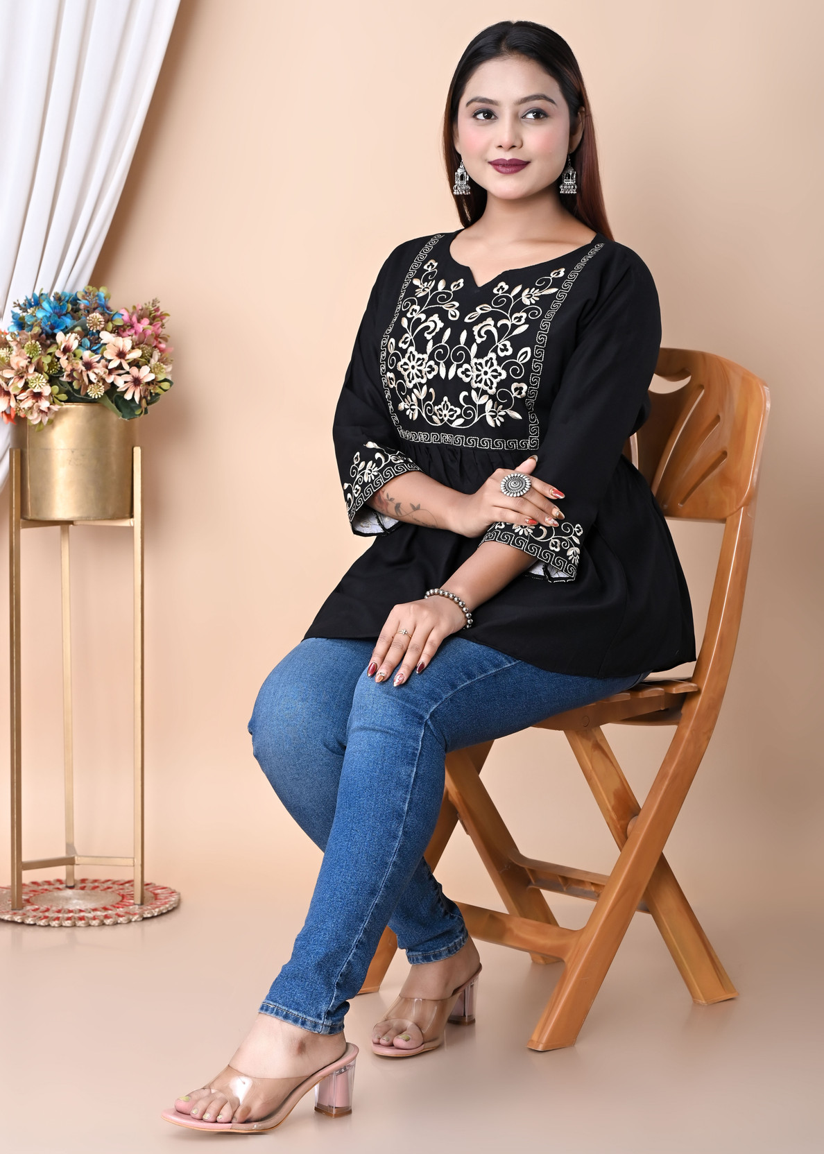 Party Bell Sleeves Embroidered Women Black Top