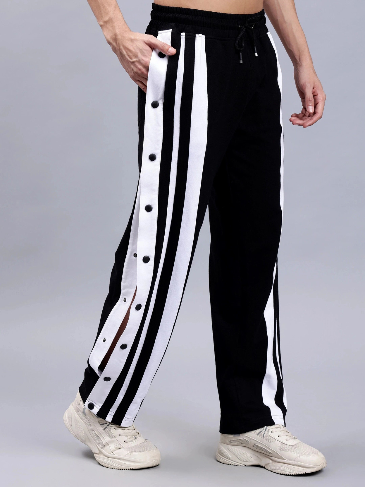 Men Striped Black, White Track Pants