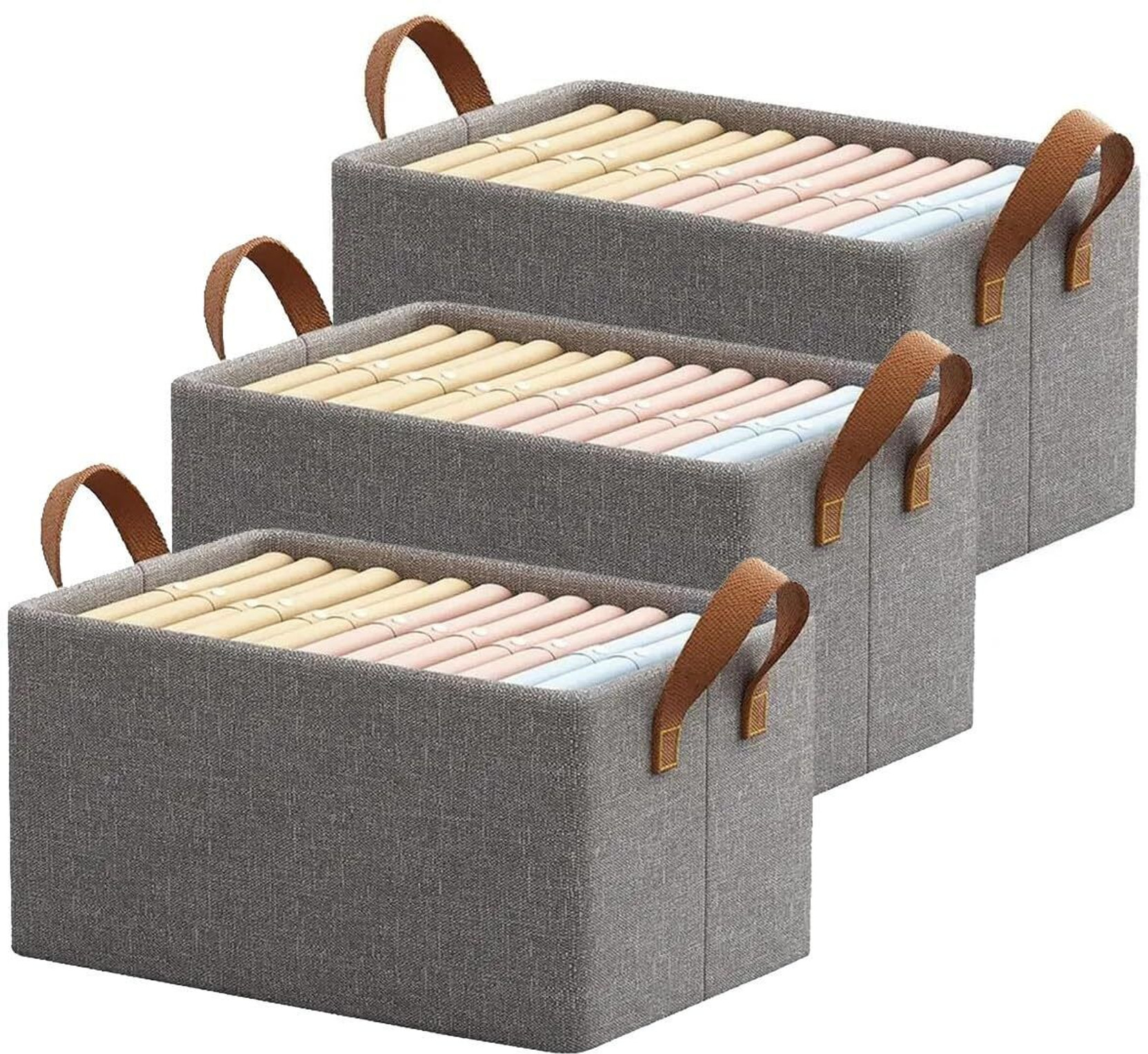Bizbee 3Pcs Foldable Clothes Storage Box With Durable Handle and Metal Frame Closet Bag