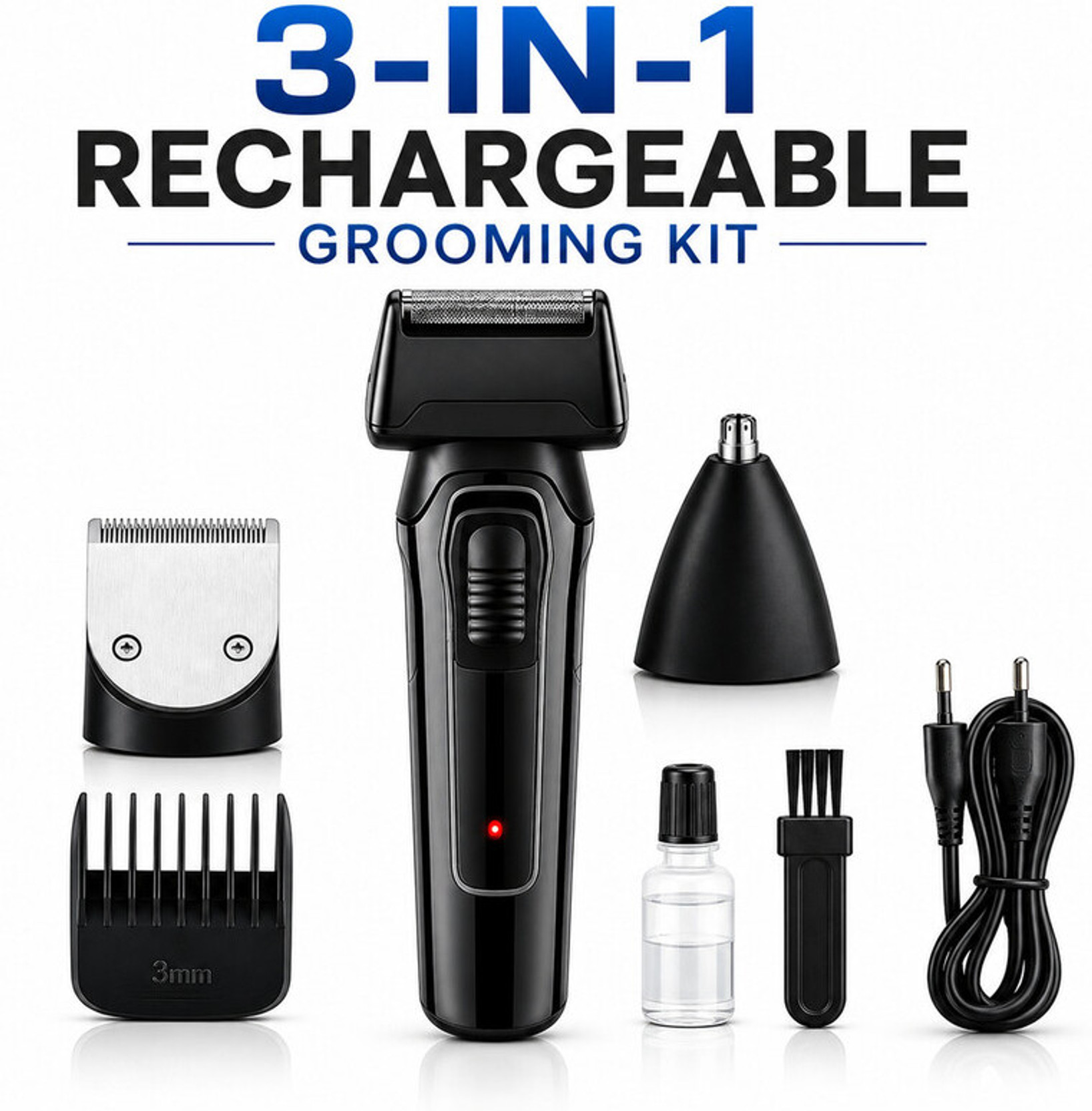 MynxeHTC Rechargeable 3-in-1 Grooming Kit for Hair, Beard, Shaving and Nose Trimming Kit Fully Waterproof Trimmer 100 min Runtime 2 Length Settings