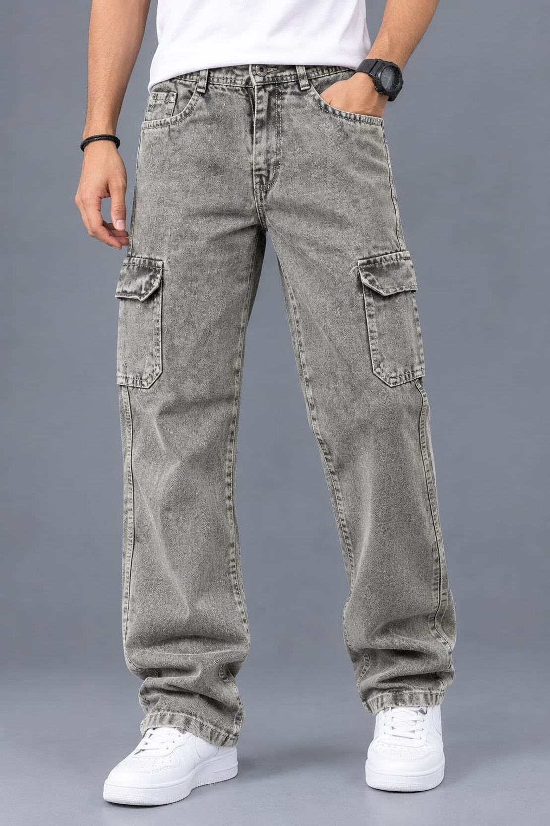 Men Loose Fit Grey Cotton Blend Trousers