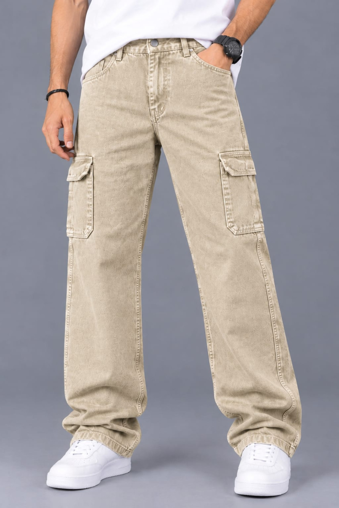 Men Loose Fit Beige Cotton Blend Trousers