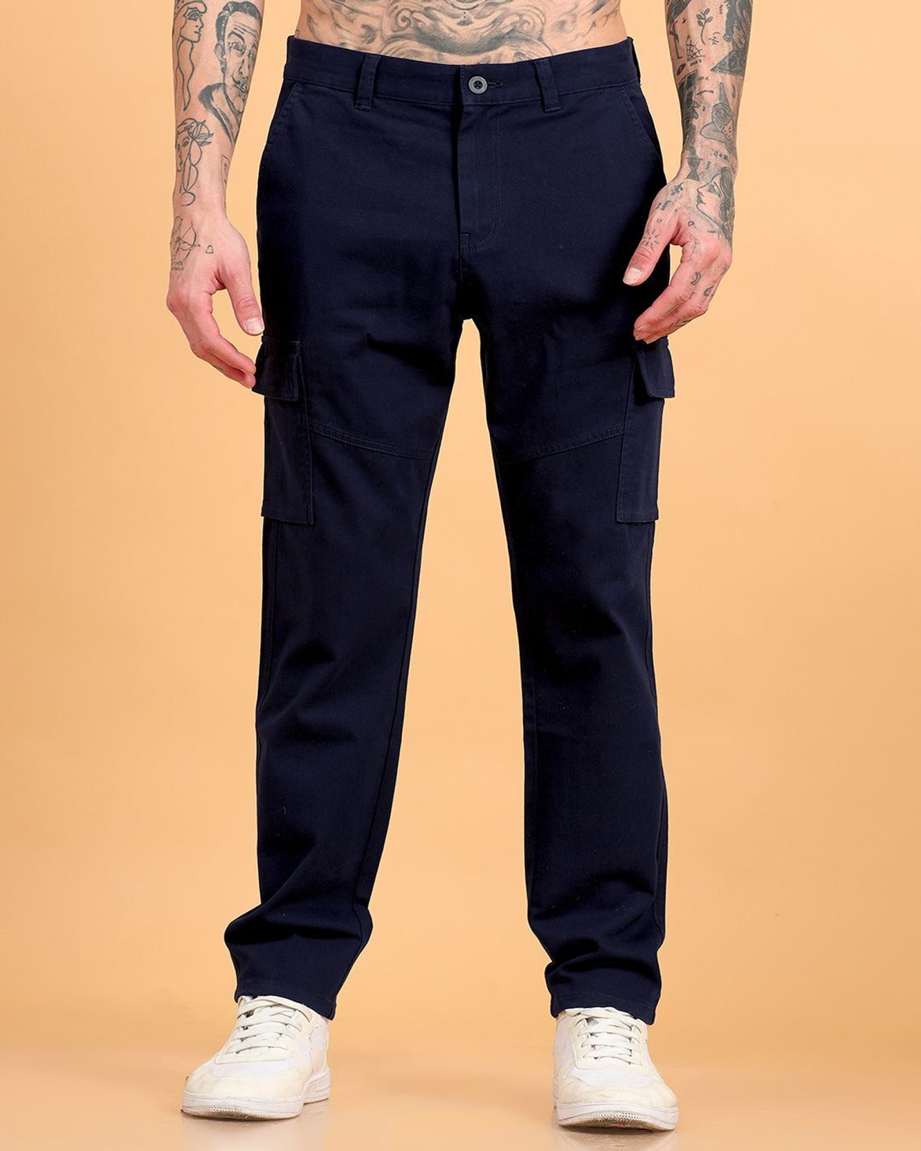 Men Regular Fit Dark Blue Pure Cotton Trousers