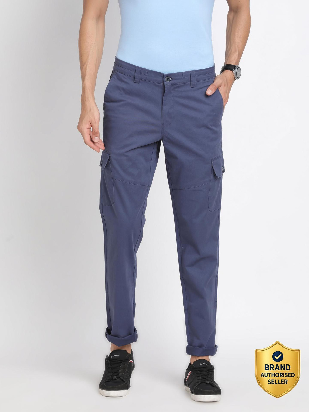 Men Slim Fit Blue Cotton Blend Trousers