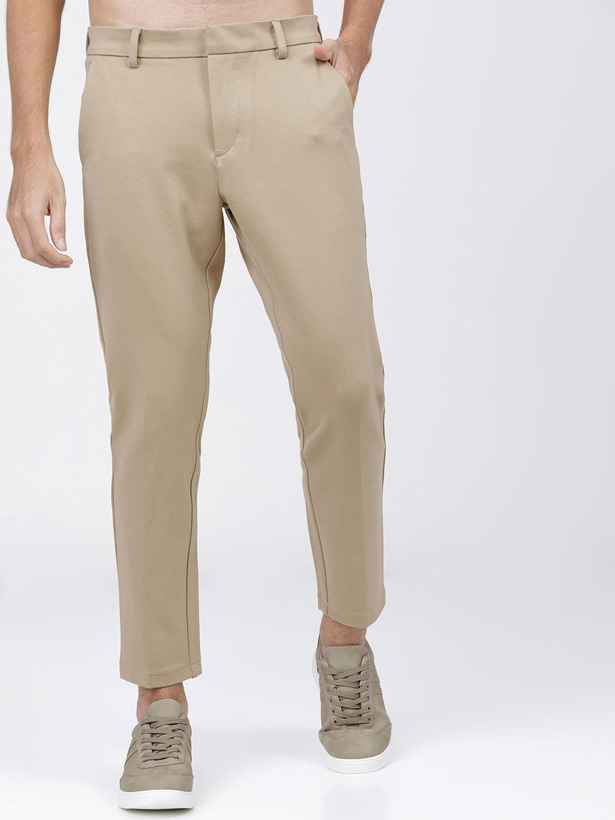 Slim Fit Men Beige Pure Cotton Trousers