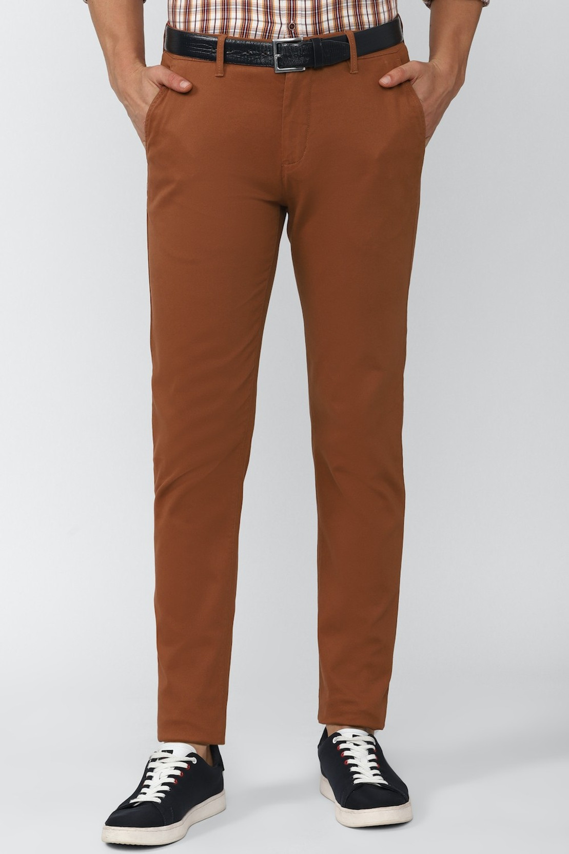 Men Slim Fit Brown Cotton Blend Trousers