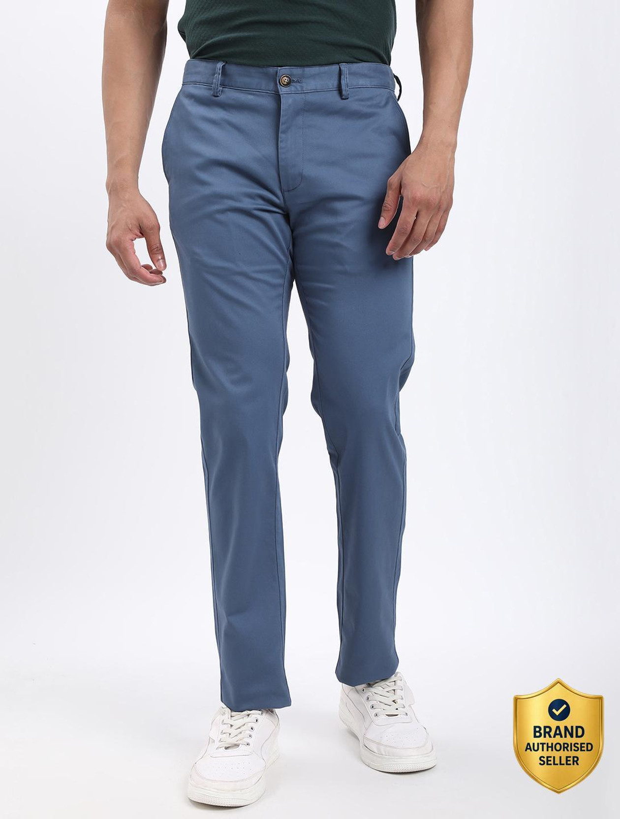 Men Slim Fit Blue Cotton Blend Trousers