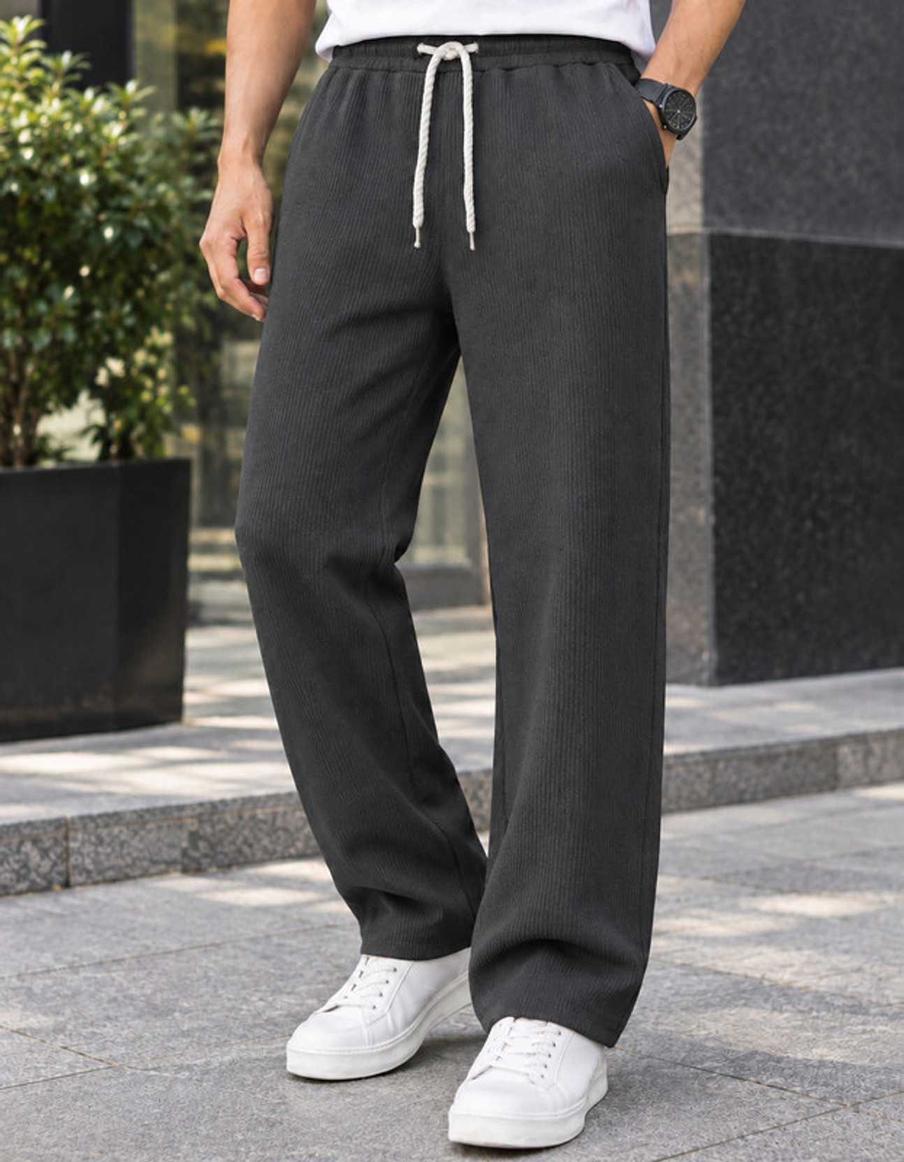Men Relaxed Grey Cotton Blend Trousers