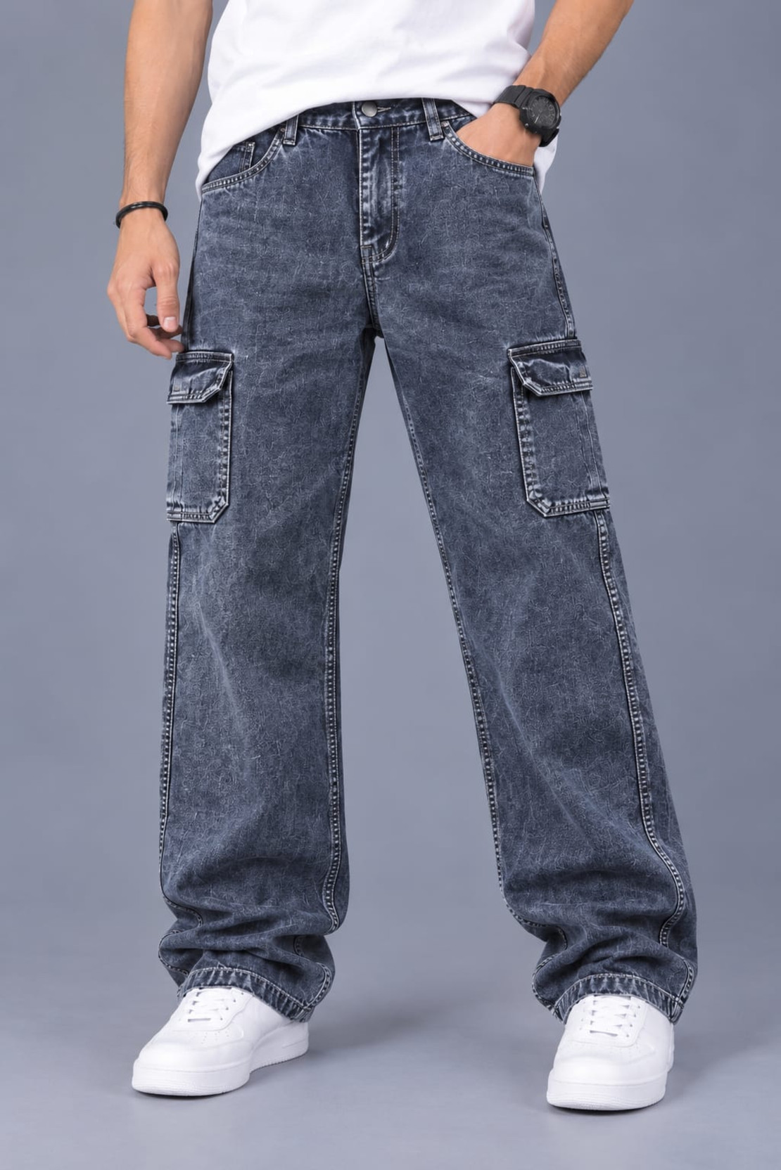 Men Loose Fit Blue Cotton Blend Trousers