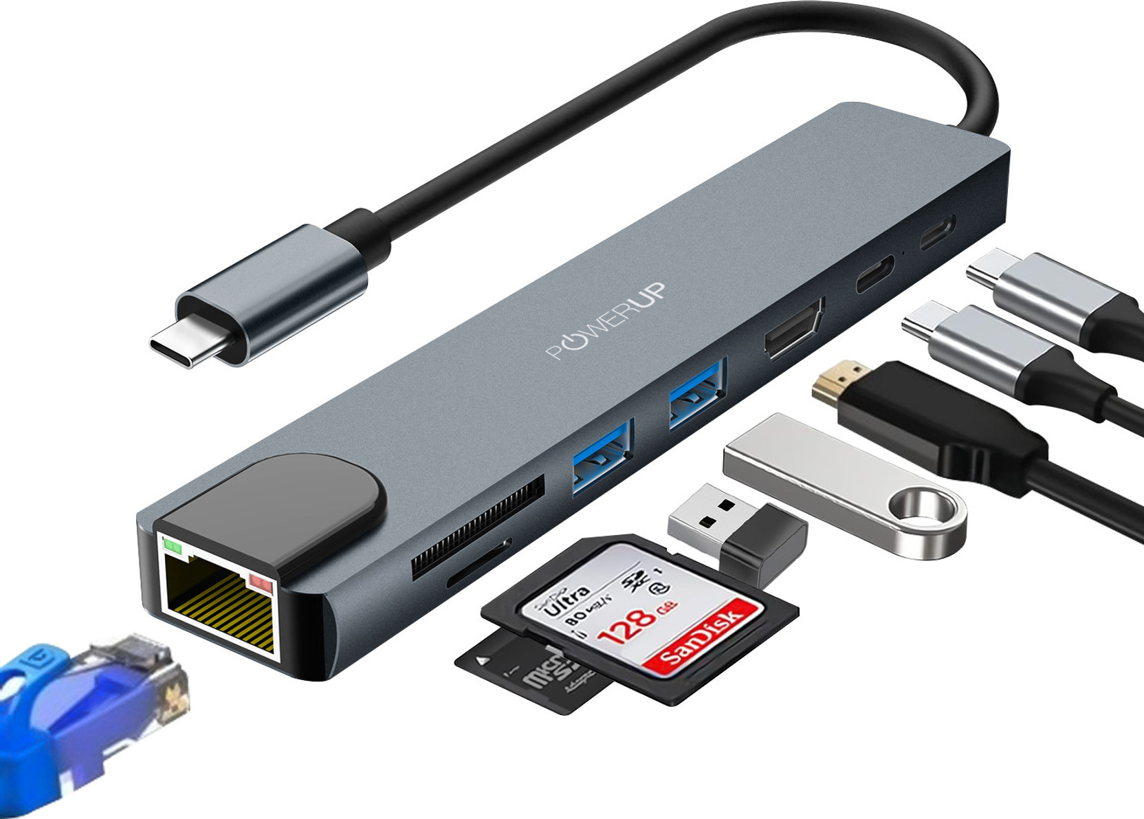 POWERUP 8-in-1 Multi-Functional Slim Type-C Hub USB Adapter