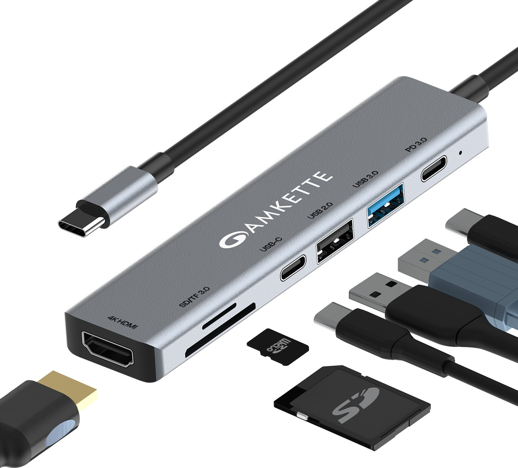 AMKETTE 7-in-1 Type C Hub/Docking Station with 100W Power Delivery, 4K HDMI Output USB 3.0, USB 2.0, SD/TF Card Reader, USB C Hub for MacBook, Windows Laptops USB Hub