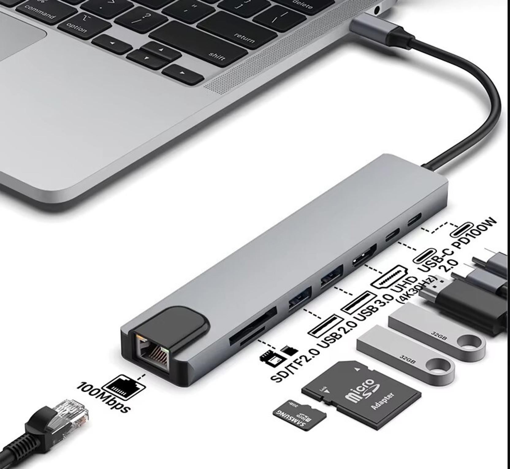 SMGOLD 8-in-1 USB-C Multiport Hub with 4K HDMI, USB 3.0, SD/TF & RJ45 Ethernet Premium 8-in-1 USB-C Hub with 4K HDMI, USB 3.0 and SD Card Card Reader, HDMI Connector, Laptop Accessory, USB Hub