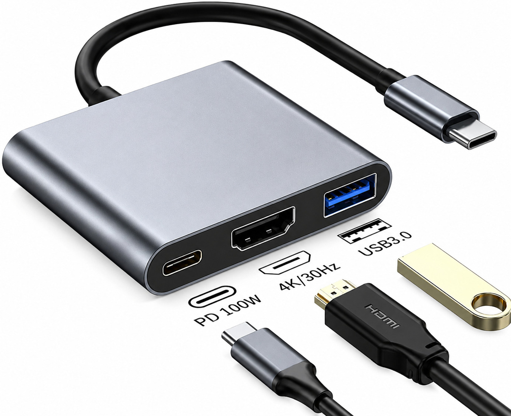 Aliens 3-in-1 USB Type C to HDMI Adapter 4K@30Hz, 100W PD Fast Charging Port USB A 3.0 Speed for MacBook 5Gbps Laptop, iPad, Tablet, All Type C Devices USB Hub