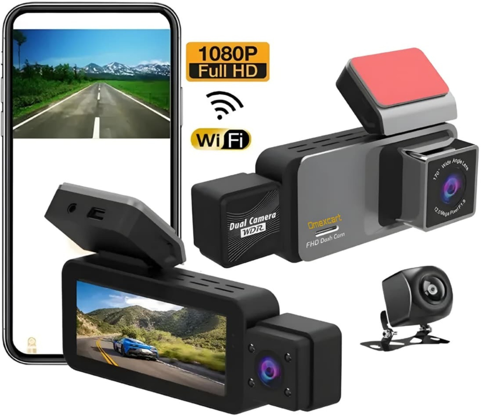 Omexcart 3 Channel WiFi 1080P Night Vision 3.39 Inch IPS Touch Screen Dash G-Sensor Dashboard, In-car, Reverse Assist Camera System