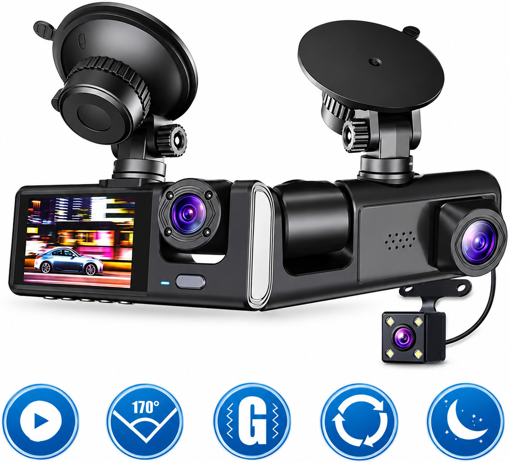 BEAMFORGE 3 Channel Dash Cam with WiFi Front 1080P + Inside & Rear 720P Loop Recording In-car, Dashboard, Reverse Assist Camera System