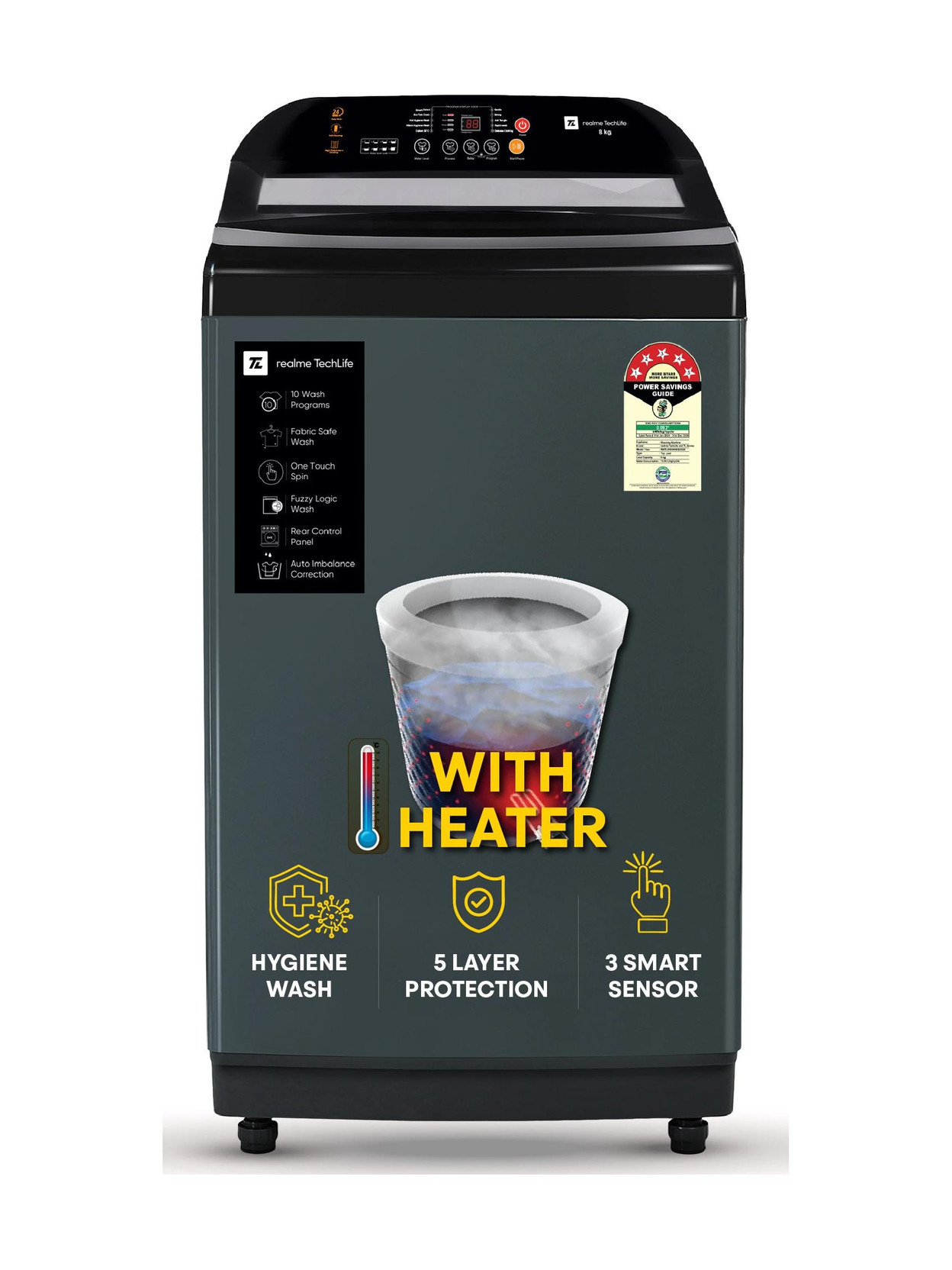 realme TechLife 8 kg Soft closing Glass lid Fully Automatic Top Load Washing Machine with In-built Heater Black, Grey