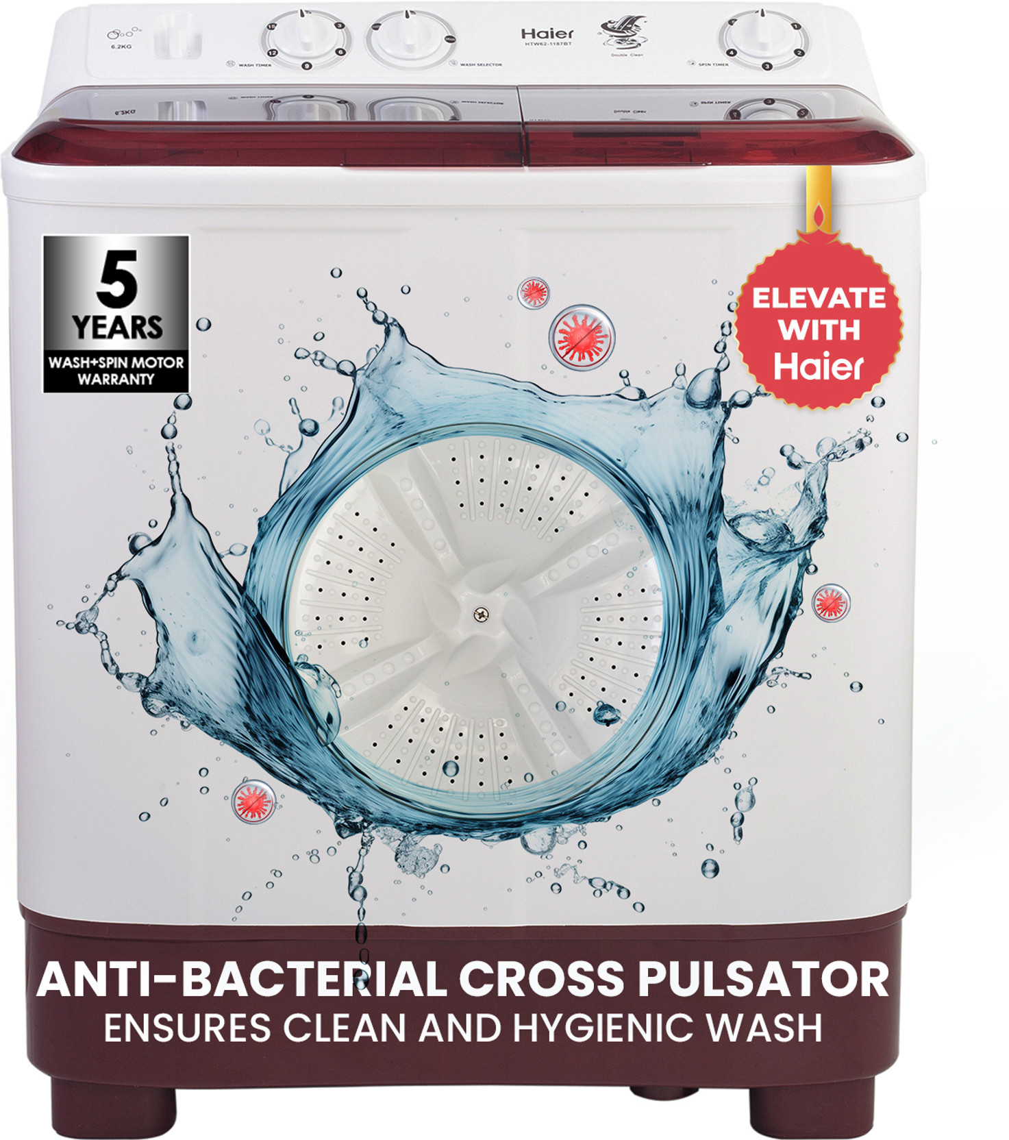 Haier 7 kg Anti Bacterial Vortex Pulsator, 1300 RPM, Spray Function, Wash Programs, Magic Filter, Rat ...