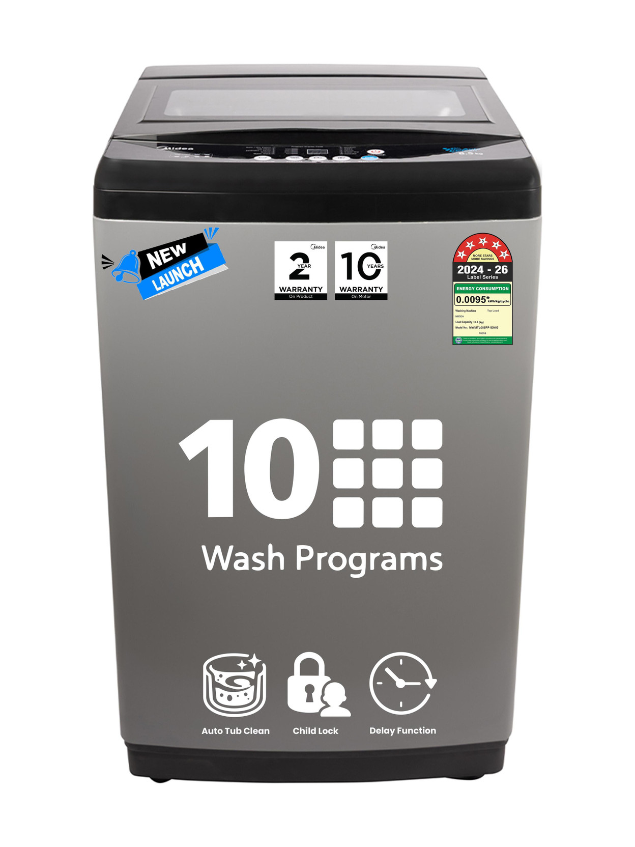 Midea 8.5 kg Fully Automatic Top Load Washing Machine Grey