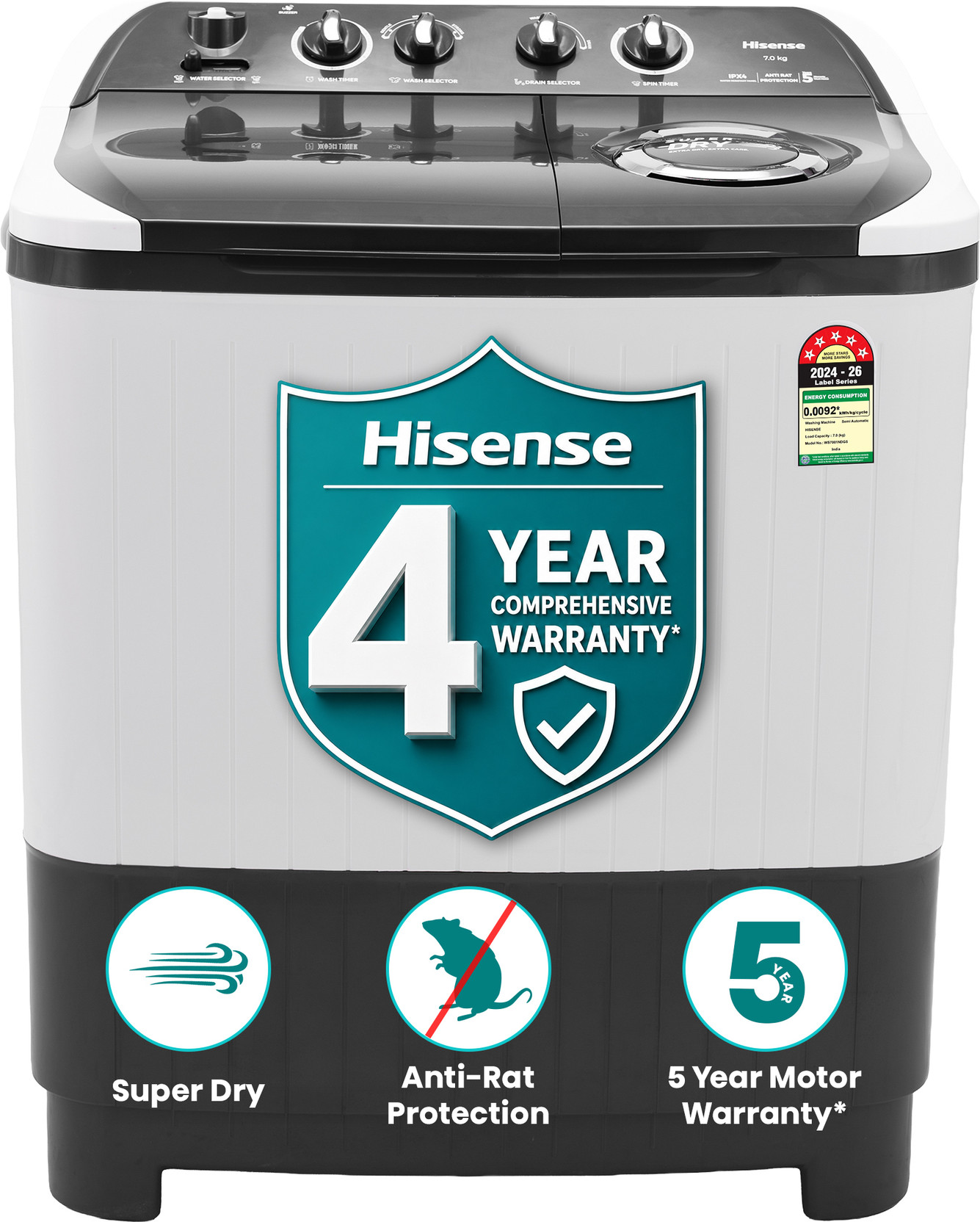 Hisense 7 kg Semi Automatic Top Load Washing Machine Grey