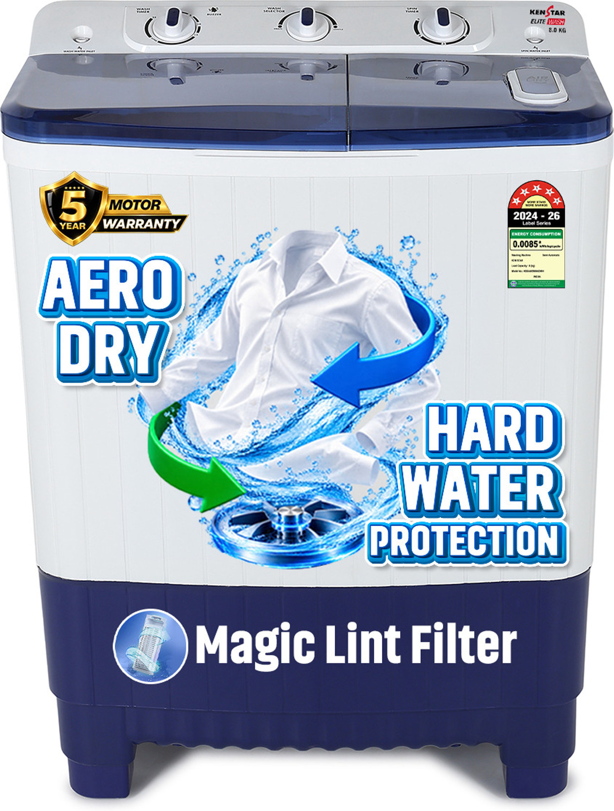 Kenstar 8 kg 5Star Rated High Performance Motor With 1350RPM, 5-Fin Pulsator, Aero Dry Function , Magic Lint Filter Semi Automatic Top Load Washing Machine Blue, White