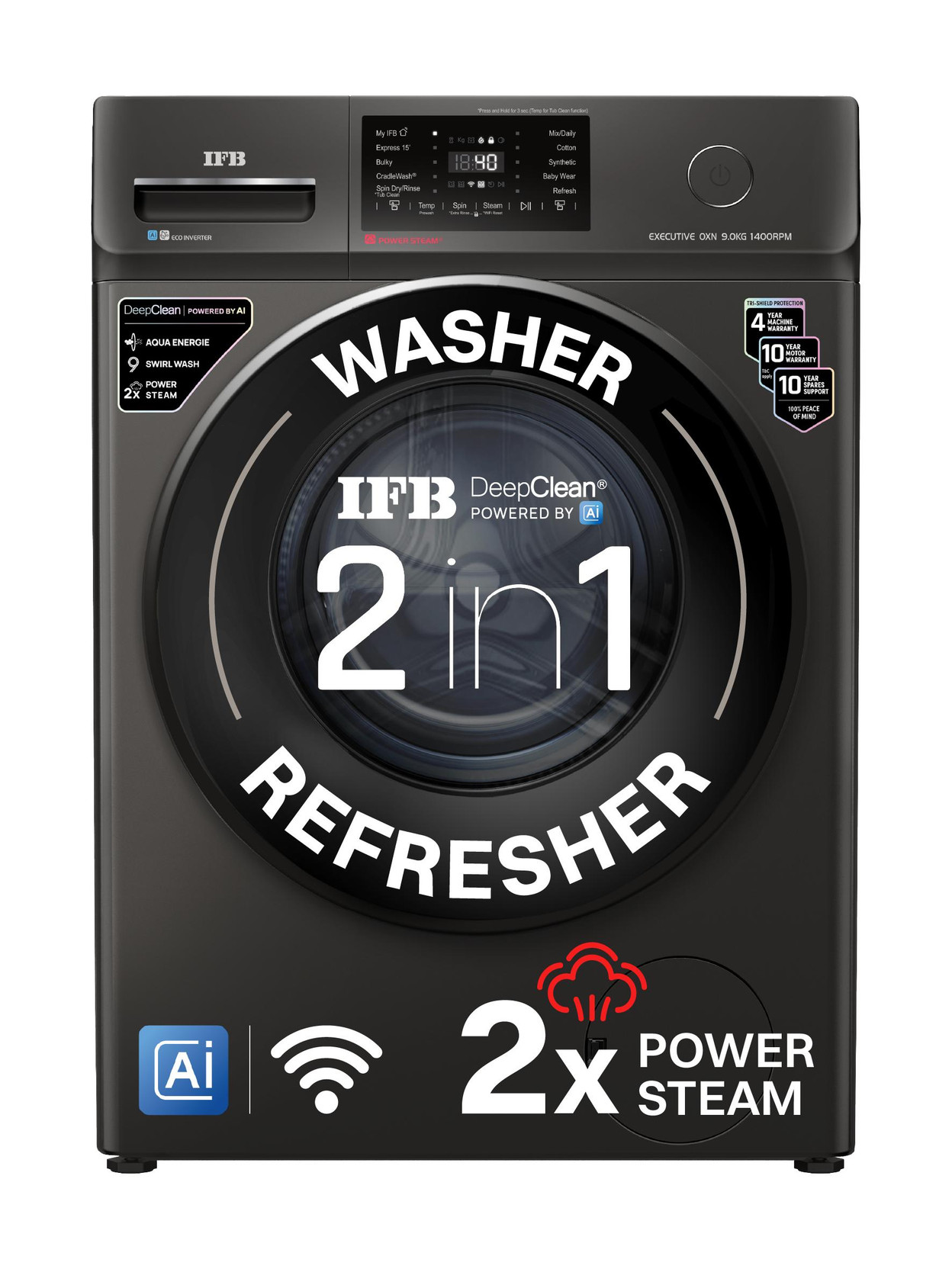 IFB 9 kg with 9 Swirl Wash, 2x Power Steam, 30 Min Steam Refresh Program, Eco Inverter Motor, WiFi Ena...