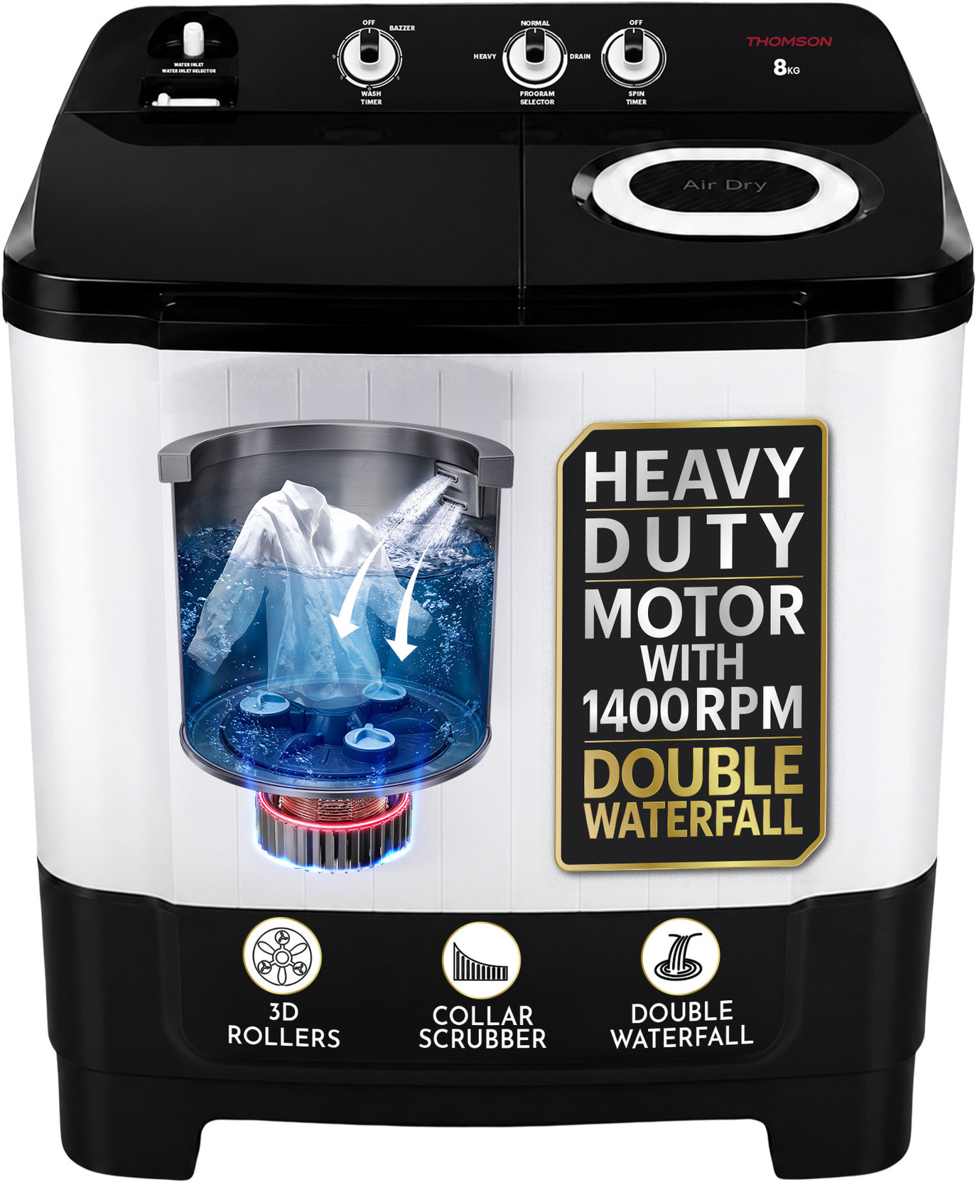 Thomson 8 kg 5 Star Aqua Magic with Double Waterfall, Detergent Box, 3D Rollers Technology, Magic Filter, Collar Scrubber, Turbo Dry Technology, Semi Automatic Top Load Washing Machine Black
