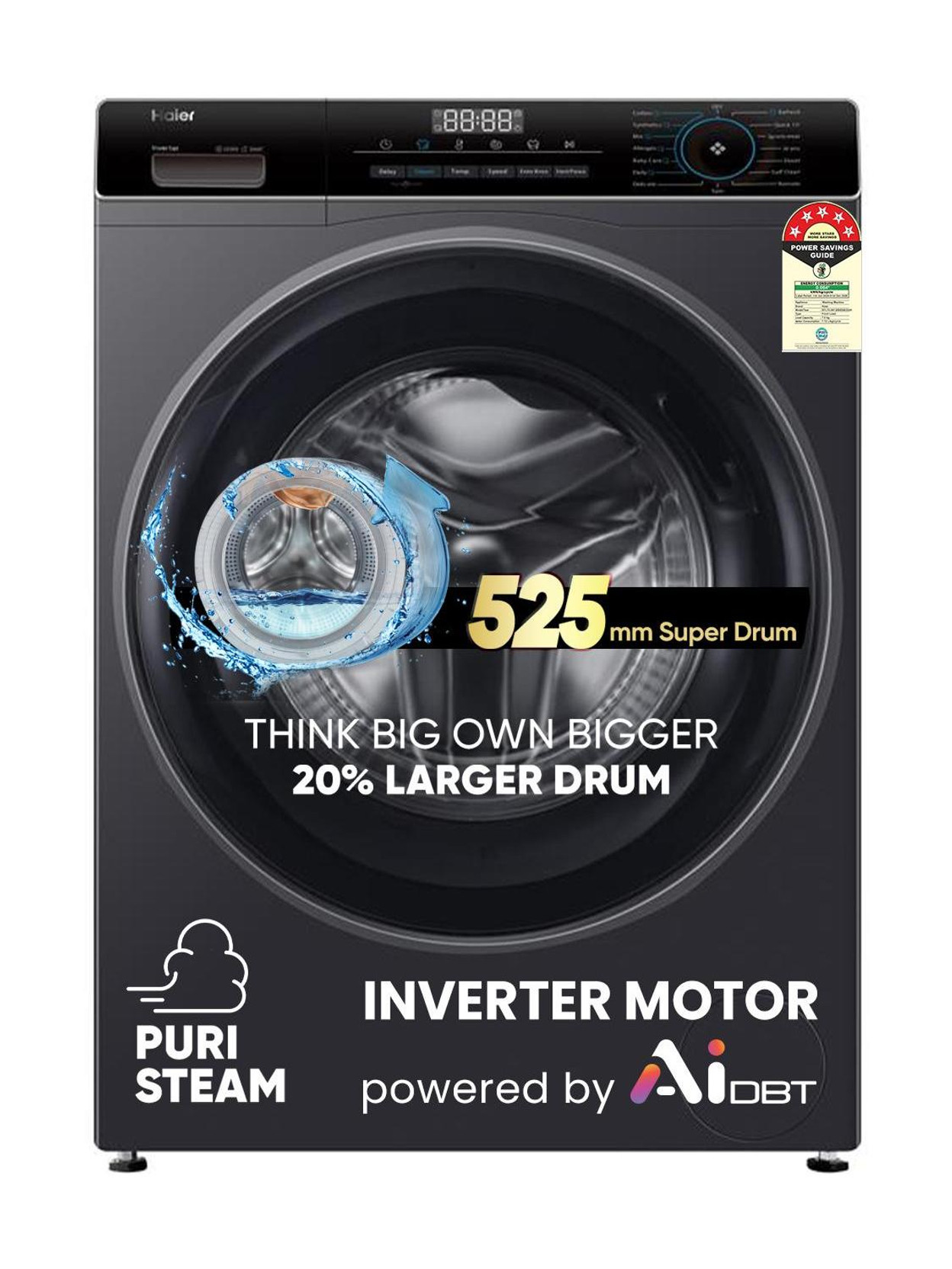Haier 7 kg 5 Star with Powered by AI-DBT, Inverter Motor, Inbuilt Heater, 525 mm Super Drum, Washer Fu...
