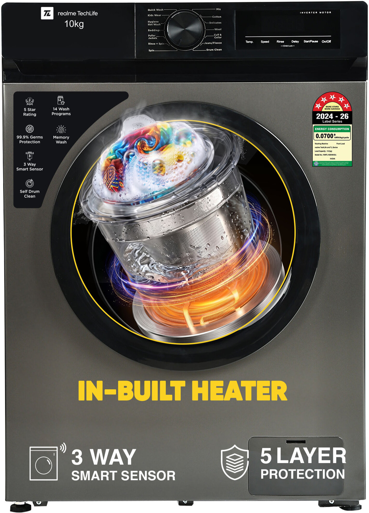 realme TechLife 10 kg Fully Automatic Front Load Washing Machine with In-built Heater Grey