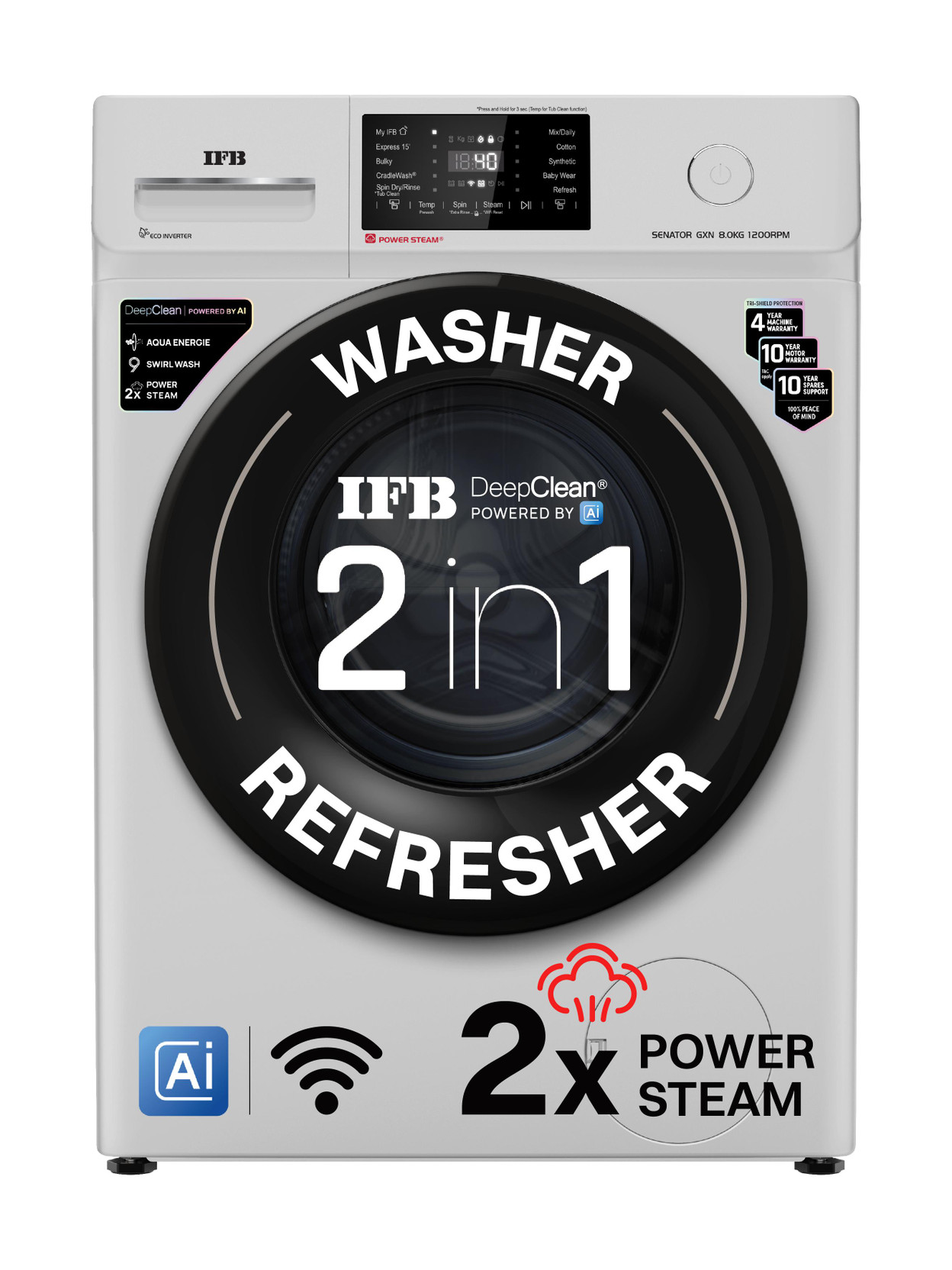 IFB 8 kg with 9 Swirl Wash, 2x Power Steam, 30 Min Steam Refresh Program, Eco Inverter Motor, WiFi Ena...