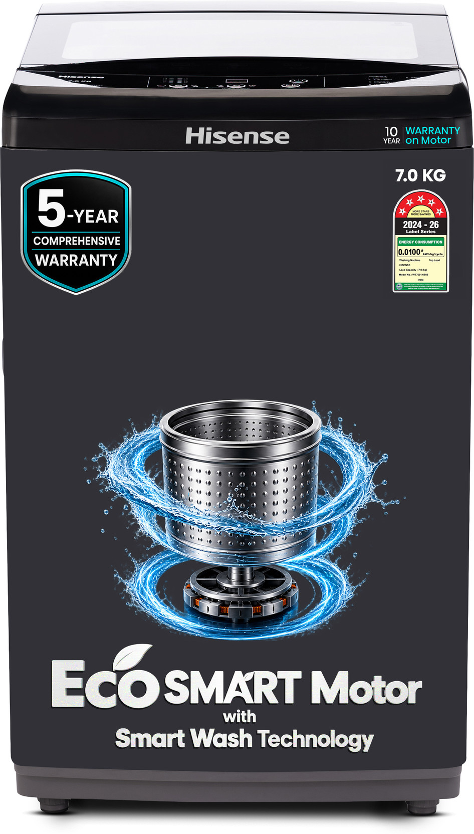 Hisense 7 kg Fully Automatic Top Load Washing Machine Black