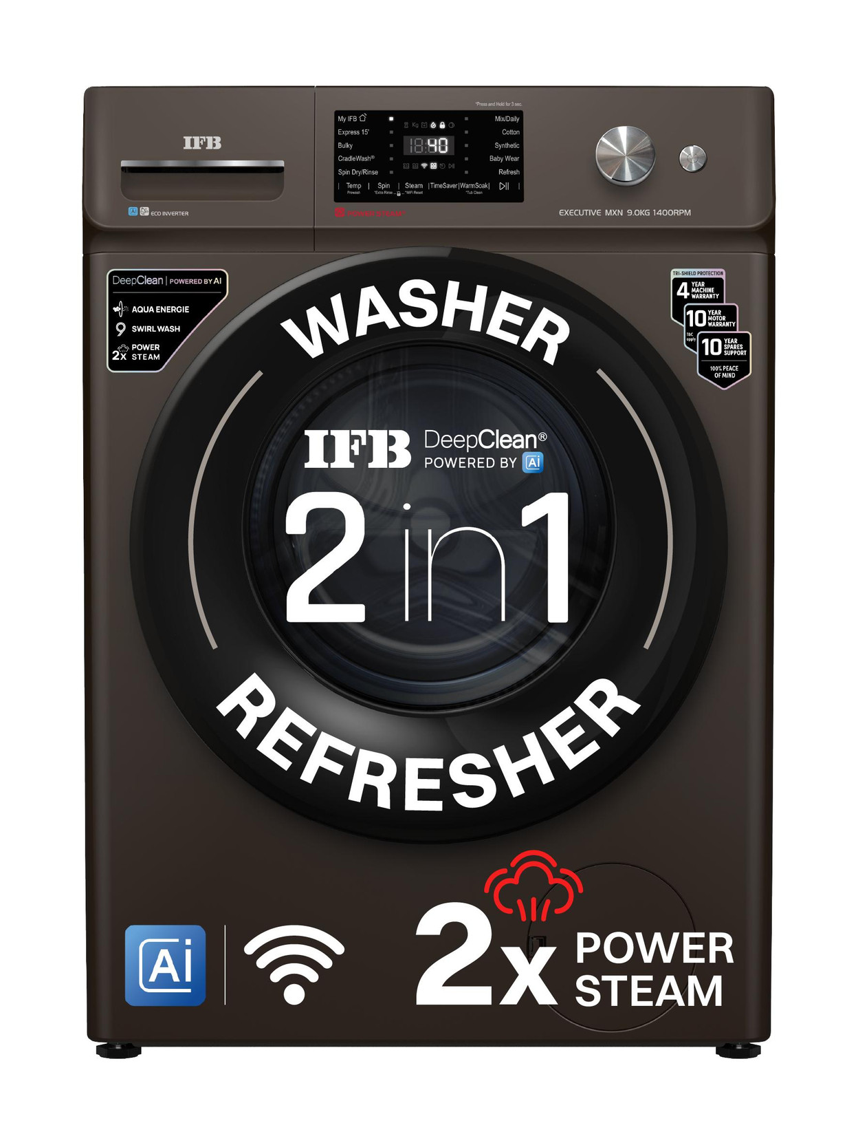 IFB 9 kg with 9 Swirl Wash, 2x Power Steam, 30 Min Steam Refresh Program, Eco Inverter Motor, WiFi Ena...