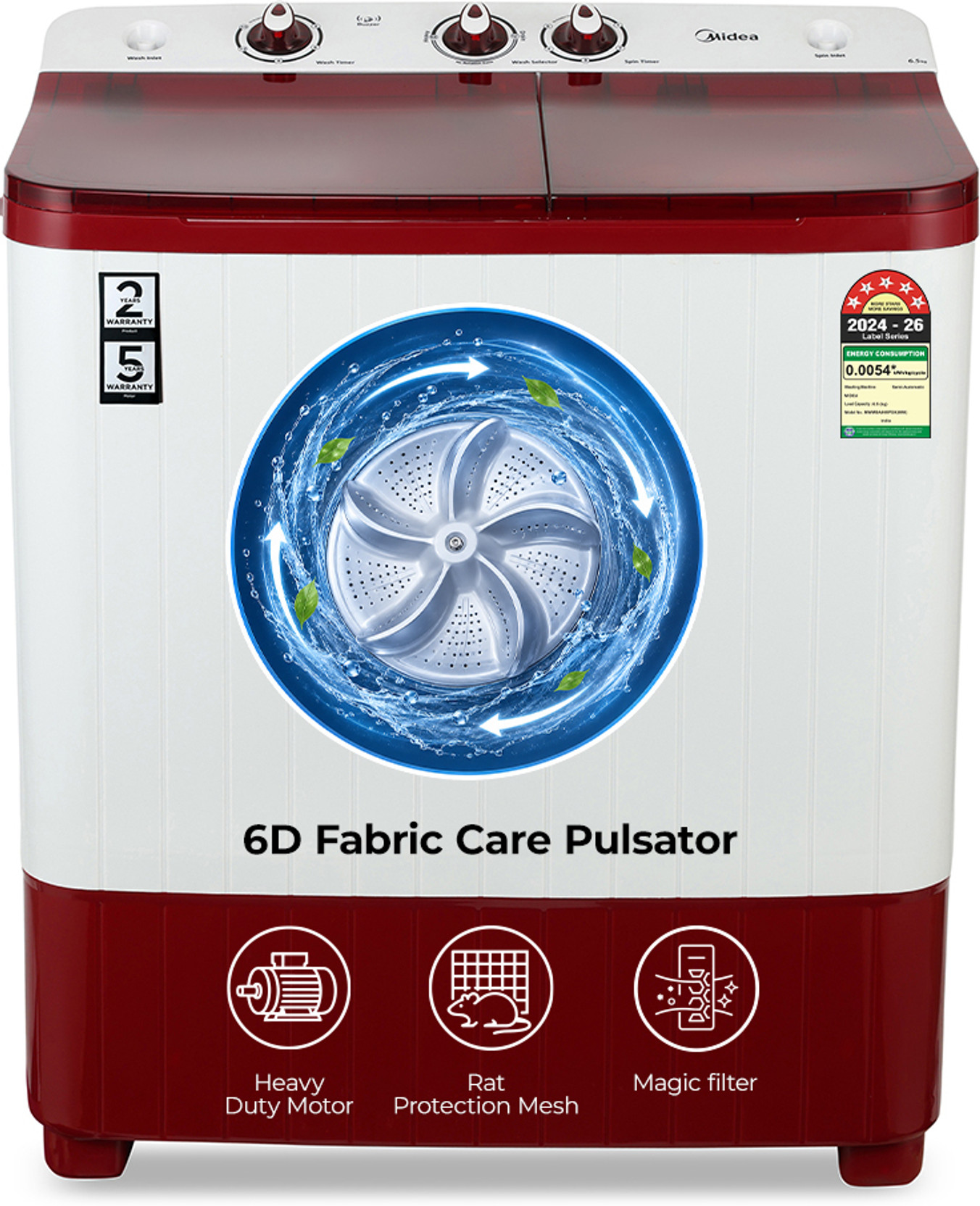 Midea 6.5 kg Semi Automatic Top Load Washing Machine Maroon, White